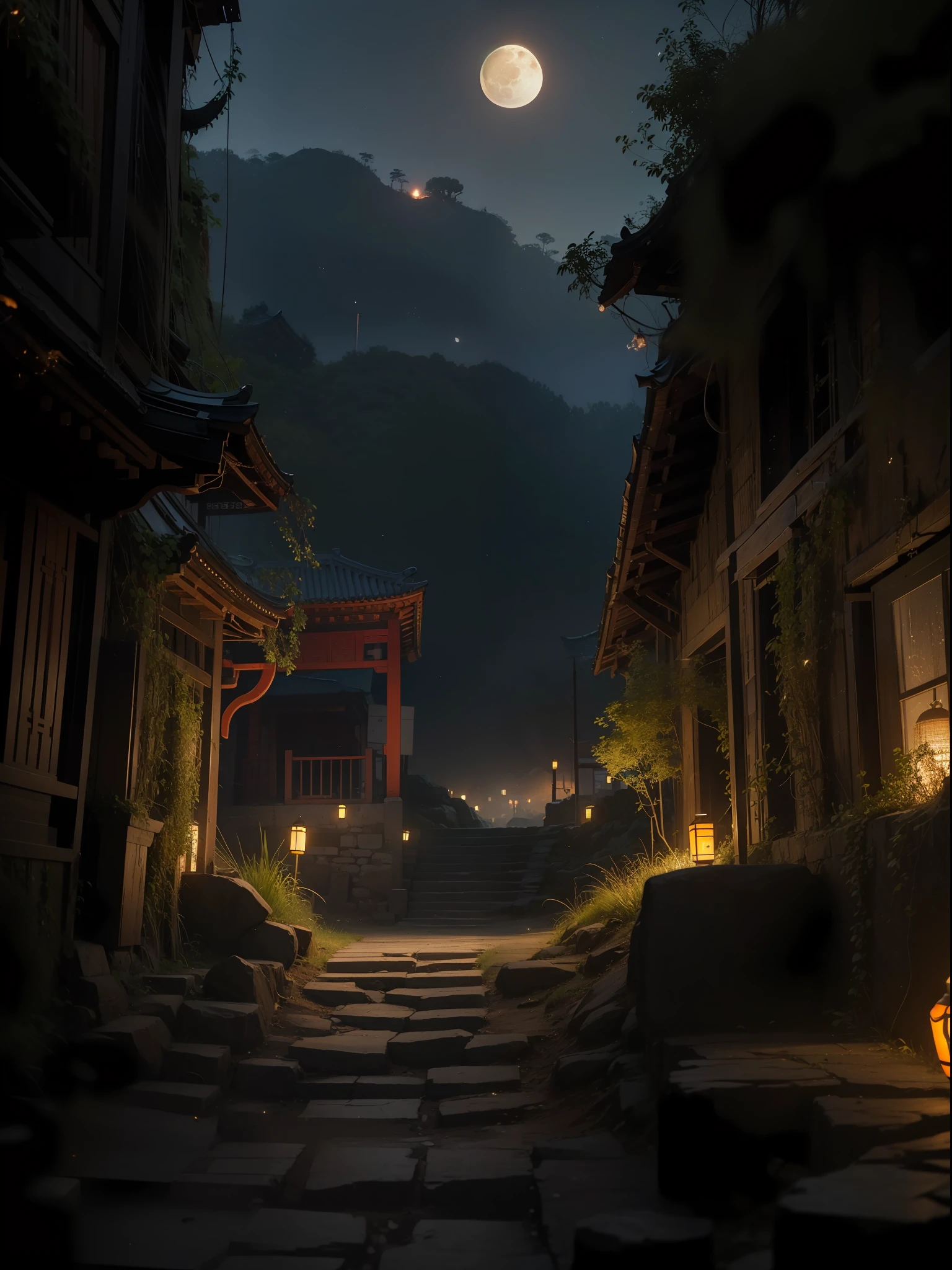 Official Art, Ancient China, Ancient Streets, (Lots of Fireflies), (Night), (Moon), Lights, Beautiful Landscapes, Epic Landscapes, Realistic Lighting, Masterpieces, High Quality, Beautiful Graphics, High Detail, Global Illumination, Unreal Engine Rendering, Octane Rendering, (HDR:1.3)