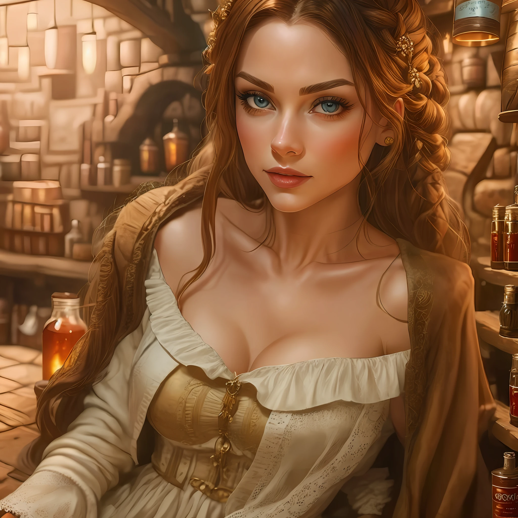 beautiful ginger women in detailed dress at cozy detailed potions shop, air above hair, IPA award wining, masterpiece