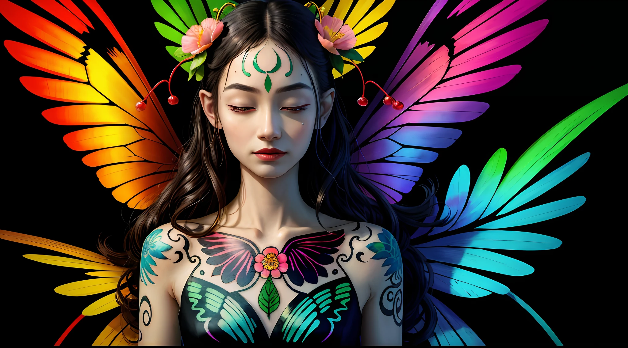 (Masterpiece: 1.2, high quality), (pixels: 1.4), (Song dynasty strokes: 1.4) (wide-angle lens, panorama: 1.2), (panoramic lens: 0.95), (panoramic lens, macro lens: 1.25), dynamic angle, perspective, high point, masterpiece, best quality, 8k, crazy details, complex details, super detail, super high quality, early spring willow leaves, often with rain and hate clouds, face like peach blossom March, implying amorous moon. The slender waist is curled, the restrained swallow lazy warbler is lazy, the sandalwood mouth is light, and the butterfly chaos that tempts the bees crazy. Enchanting jade, beautiful jade fragrance, tense shots (the sky glows red, visual impact, gives the poster a dynamic and visually striking look: 1.2), close-up, (analog lens, macro lens: 1.25), colorful colorful transparent smooth stones: 1.5, ultra-realistic and complex, body makeover, glowing tattoos, surreal tattoos, highly realistic and complex, tattoo art, detailed neon tattoos