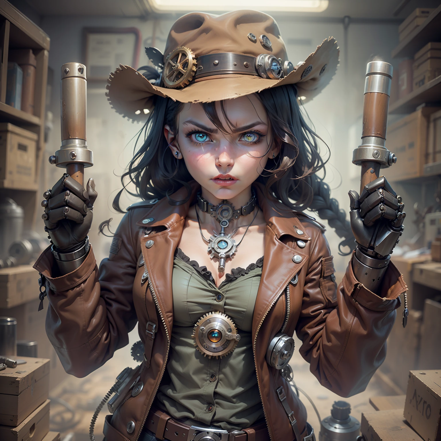 steampunkai, blue twin-braided hair flat chest little girl steampunk engineer with (a mechanical left eye:1.5) wearing a leather jacket and (single mechanical arm:1.3) posing heroically holding a giant hammer with angry expression in a machine workshop cowboy shot ,