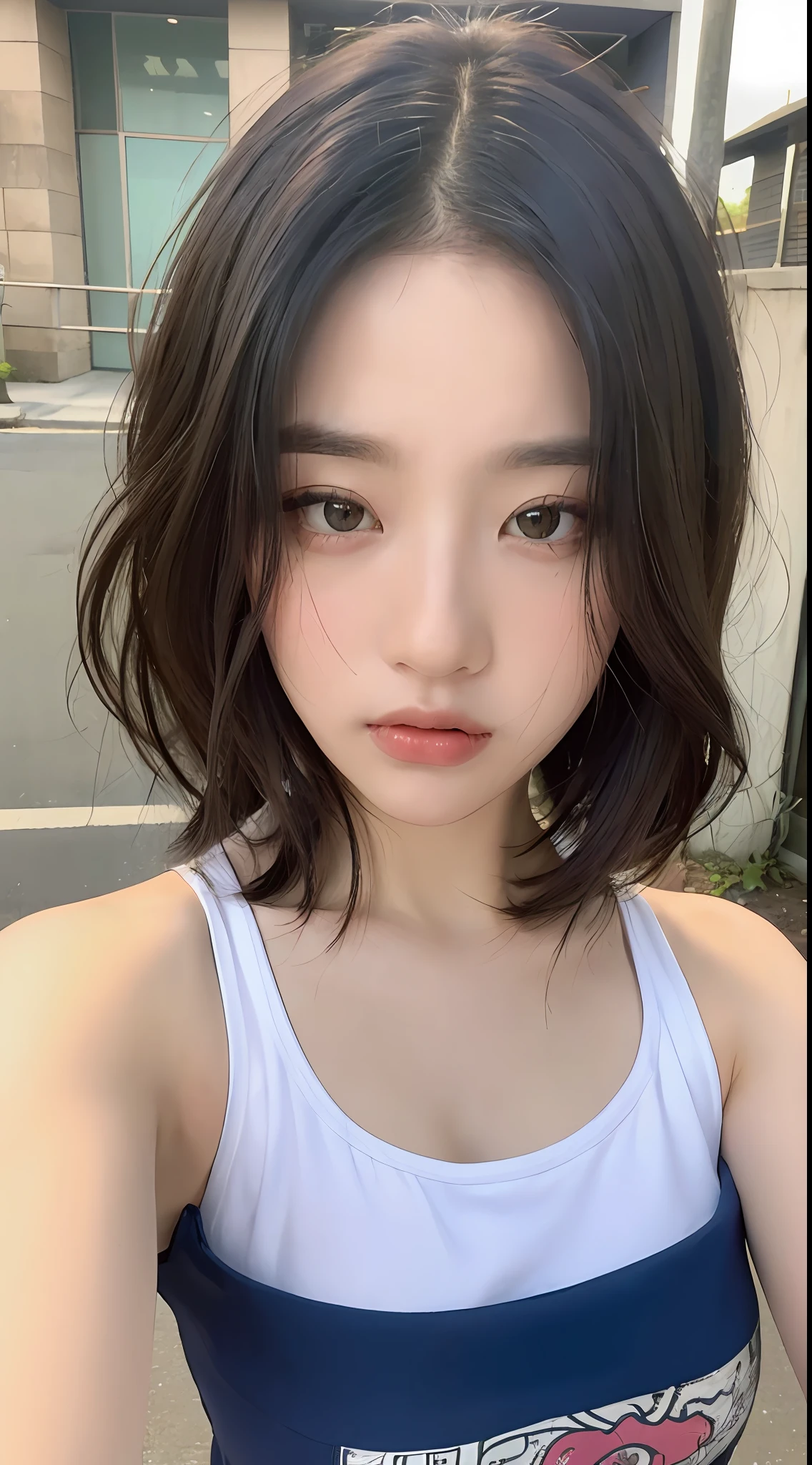 ((Best quality, 8k, Masterpiece :1.3)), Sharp focus :1.2, Perfect Body Beauty:1.4, Slim Abs:1.2, ((Layered hairstyle:1.2)), (Tank top shirt:1.1 ), (Street:1.2), Highly detailed face and skin texture, Detailed eyes, Double eyelids, white T-shirt, mischievous expression,