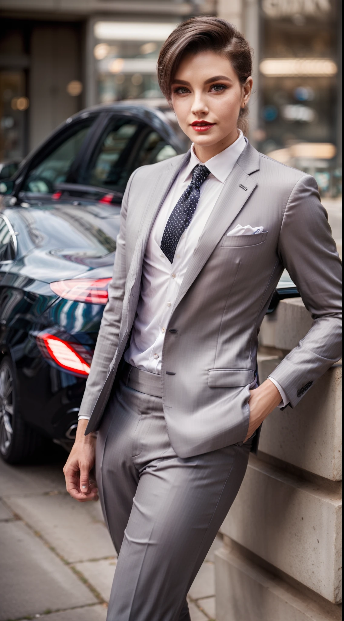 A classy and elegant man dressed in a tailored black suit, complete with a crisp white shirt and a sleek black tie. Their makeup is understated yet flawless, with a touch of smoky eye and a subtle red lip. Their hairstyle is a neatly styled, slicked-back look. They have a confident and sophisticated expression. In the background, there is a luxurious Mercedes-Benz sedan, showcasing its iconic emblem