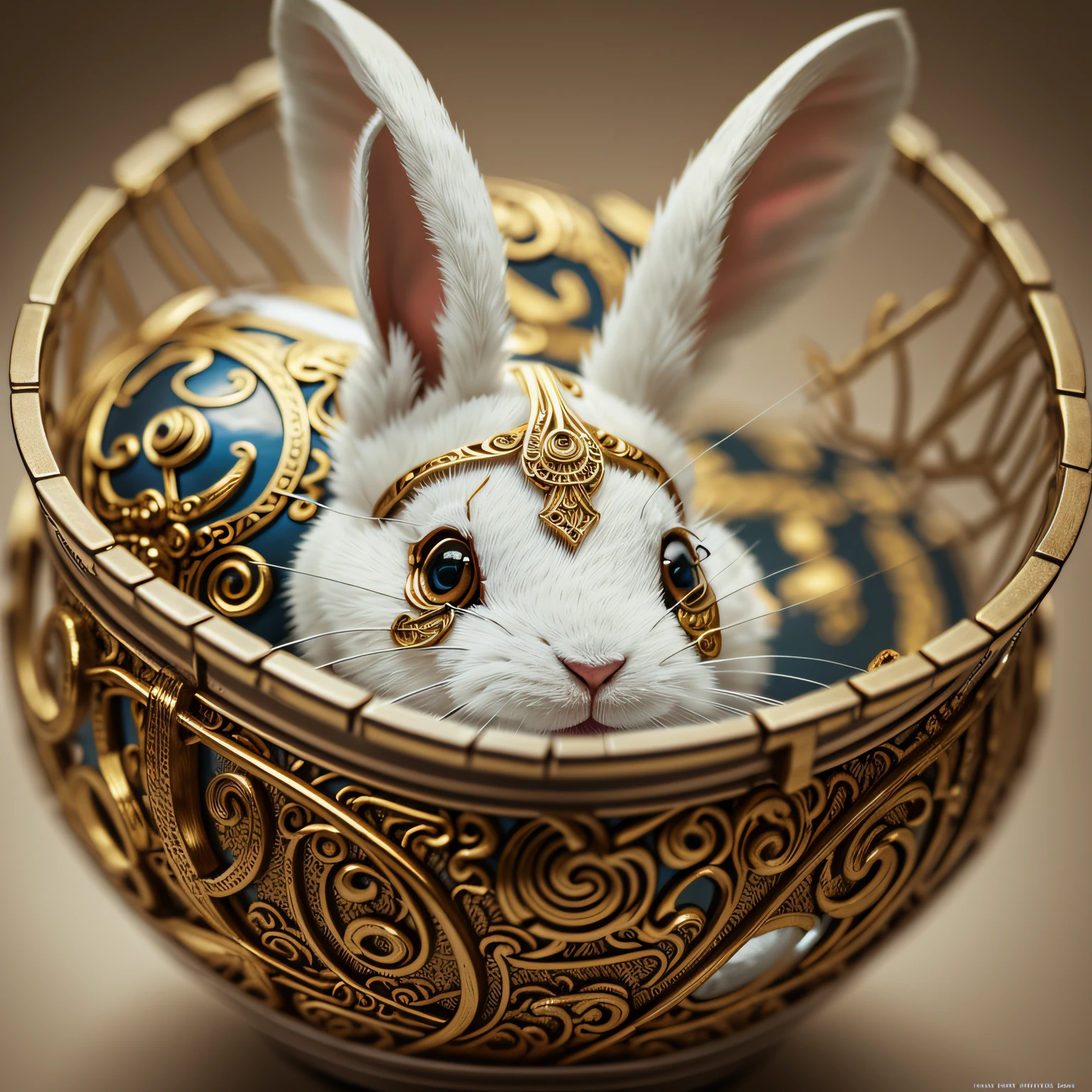 White and blue rabbit with large safety pins in Tim Burton's ears, dragon necklace --auto