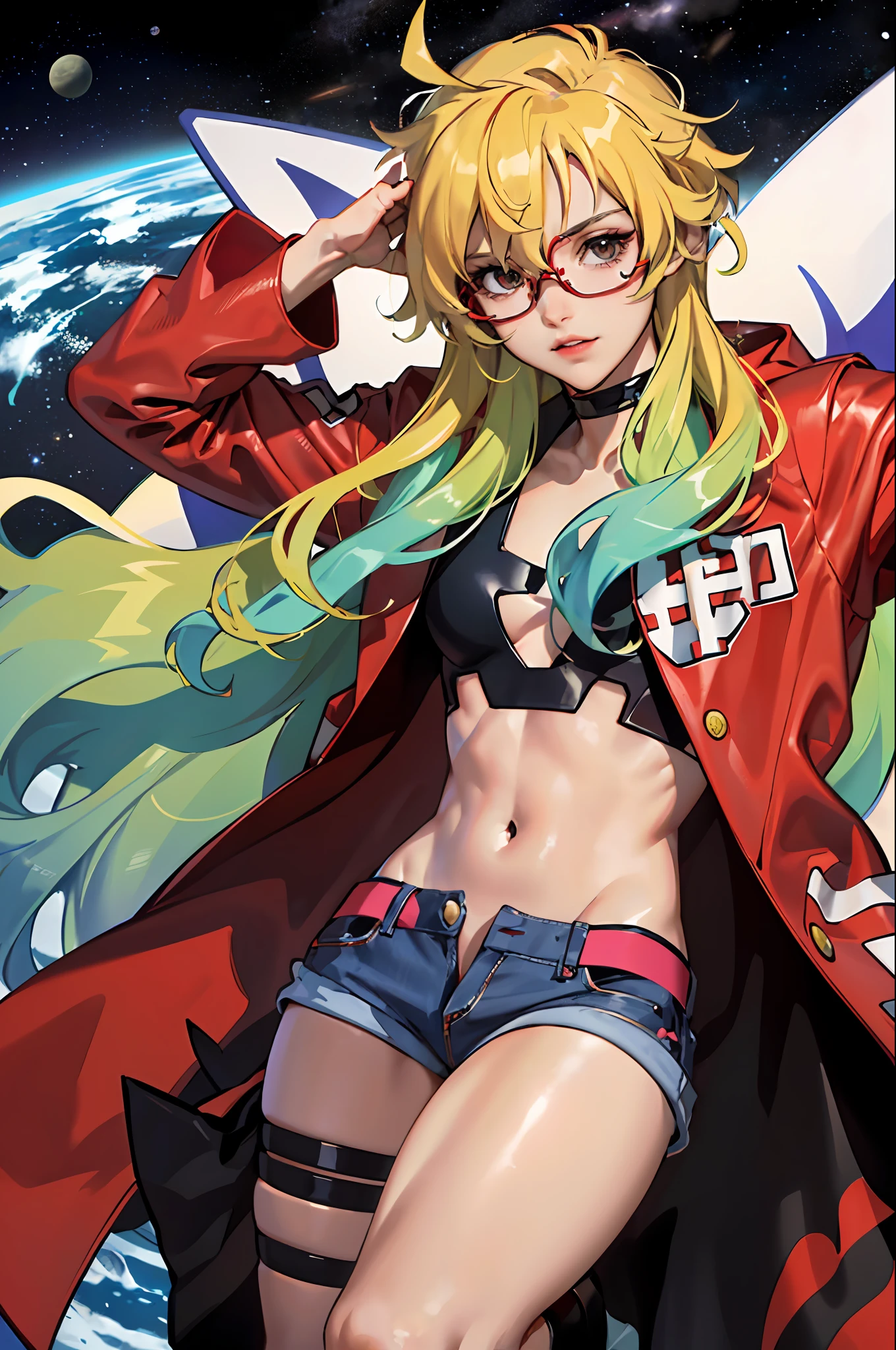 Create a detailed drawing of the character Kamin from the anime "Gurren Lagann" in a space interior. Let Kamina be depicted up close to show all the small details of his appearance. Please ensure the highest quality of work and maximum detail so that every line, shadow and texture is clear and realistic. Apply a clear focus to especially reflect Kamin's facial expressions and his characteristic features, such as amber gloss on his hair and red cloak. Let the cosmic surroundings around him be spectacular, with stars, planets or cosmic constellations enhancing his heroic appearance. Red glasses, crystals, Please make the drawing accurate according to the appearance of Kamina from the anime Gurren Lagann.