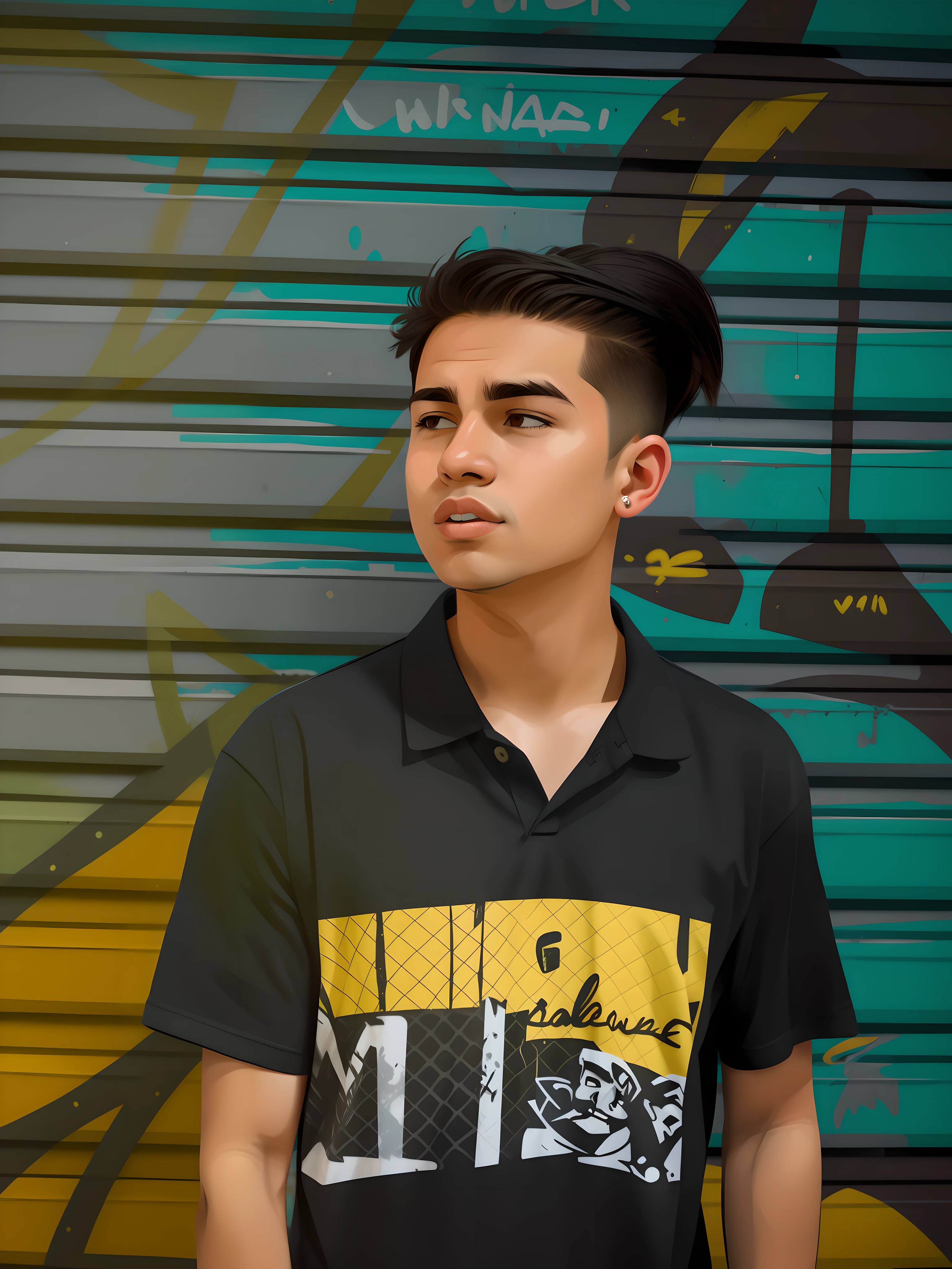 arafed man with a mohawkcut and a black shirt standing in front of a graffiti wall, male teenager, mid shot portrait, profile pic, teenage boy, riyahd cassiem, profile shot, music video, teen boy, portrait of 1 5 - - old , headshot profile picture, black teenage boy, profile picture 8k
