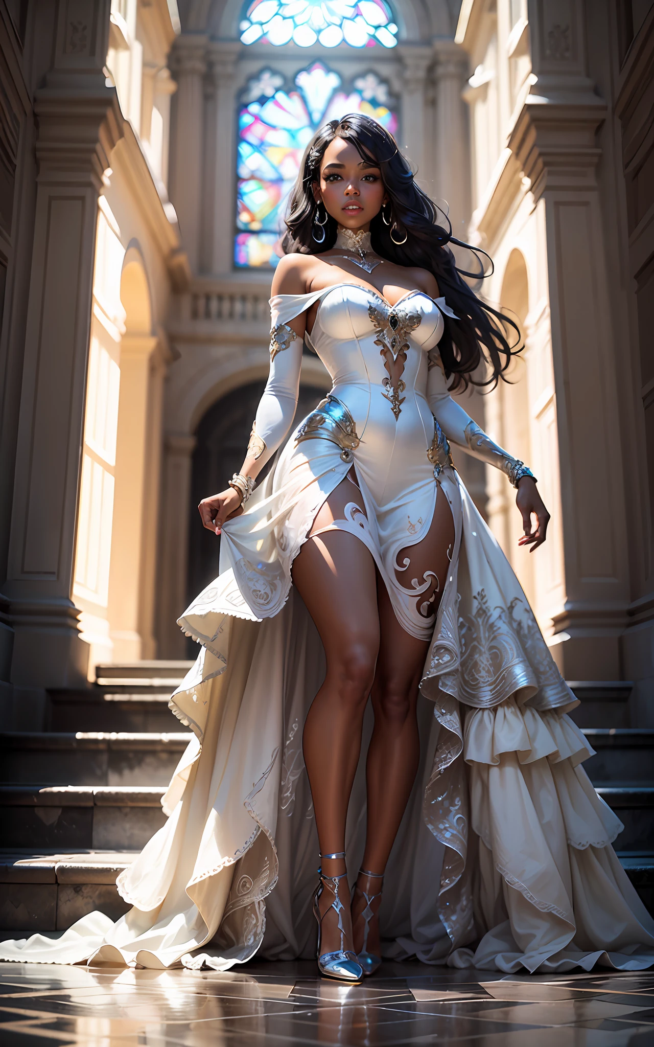 award winning 64k concept art of (black young woman:1.2) in majestic open dress in the courtyard, sweet, posing, epic, god rays, centered, upper body, (masterpiece:1.2), (best quality:1.3), Amazing, highly detailed, beautiful, finely detailed, warm soft color grading, Depth of field, extremely detailed 64k, fine art, stunning, iridescent, (shiny:1.3), (light reflections:1.3), (crisp:1.6), silver curls, spring, vibrant, sunlit, (edge detection:1.4), absurdres, impressive, 120mm, glittering, extremely clear