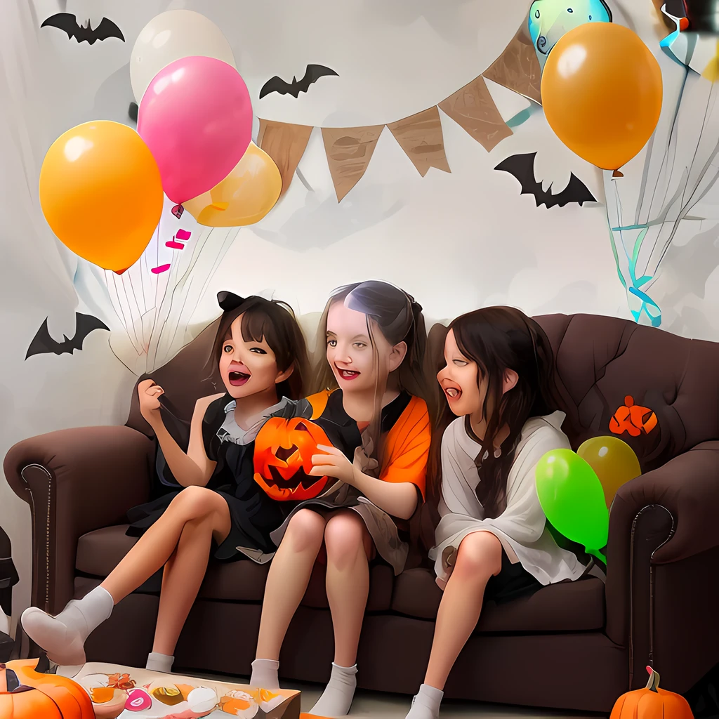 three sitting on a couch with balloons and decorations, ghosts in the background, halloween wallpaper with ghosts, irridescent ghostly, ghostly spirits, cute funny ghost, spooky halloween fun, phantom ghosts in the background, ghosts, ghosts theme, floating ghost, transparent ghost screaming, ghost neon, haunting!, ghostly, ghostly particles, ghostly ghost, glowing sprites