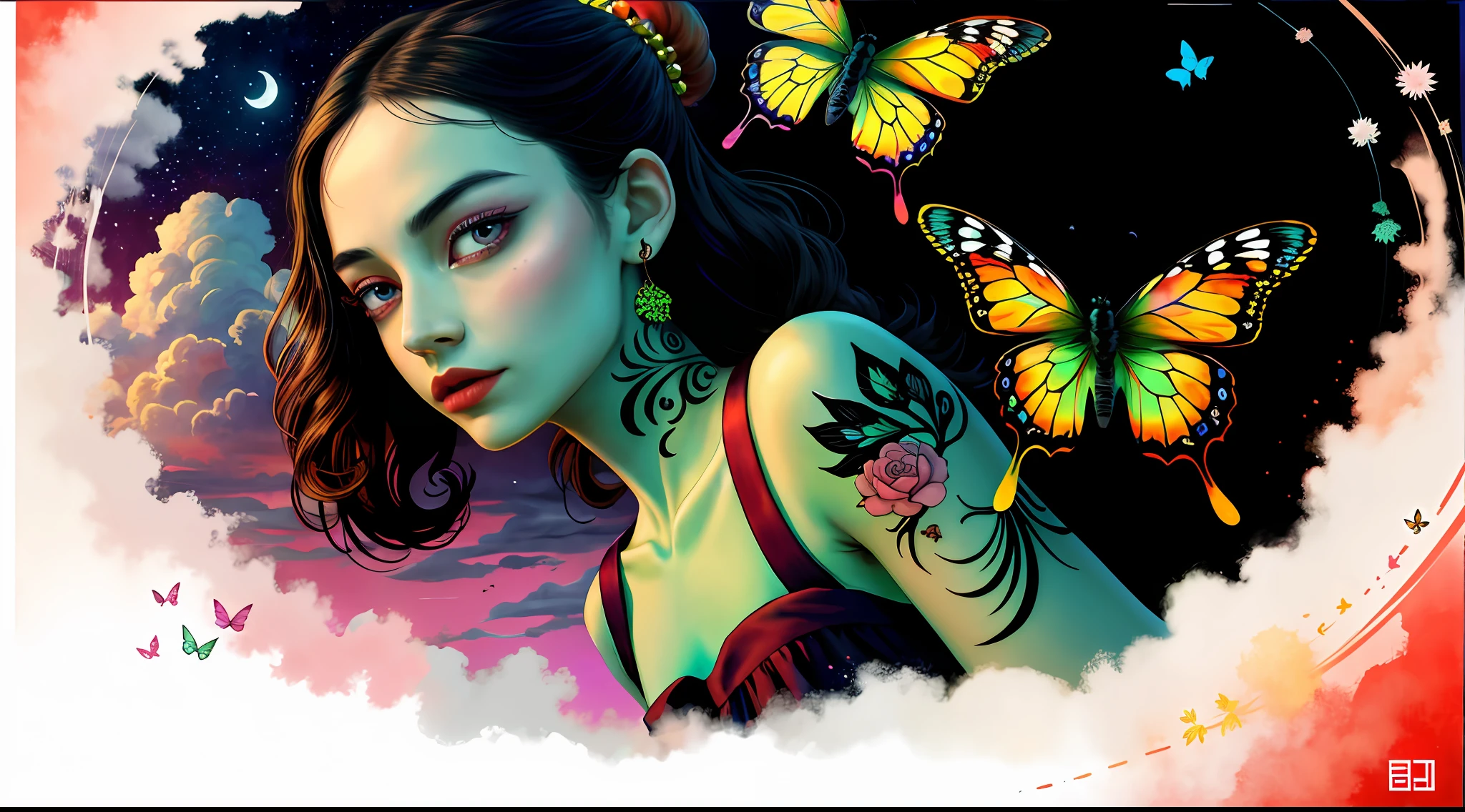 (Masterpiece: 1.2, high quality), (pixels: 1.4), (Song dynasty strokes: 1.4) (wide-angle lens, panorama: 1.2), (panoramic lens: 0.95), (panoramic lens, macro lens: 1.25), dynamic angle, perspective, high point, masterpiece, best quality, 8k, crazy details, complex details, super detail, super high quality, early spring willow leaves, often with rain and hate clouds, face like peach blossom March, implying amorous moon. The slender waist is curled, the restrained swallow lazy warbler is lazy, the sandalwood mouth is light, and the butterfly chaos that tempts the bees crazy. Enchanting jade, beautiful jade fragrance, tense shots (the sky glows red, visual impact, gives the poster a dynamic and visually striking look: 1.2), close-up, (analog lens, macro lens: 1.25), colorful colorful transparent smooth stones: 1.5, ultra-realistic and complex, body makeover, glowing tattoos, surreal tattoos, highly realistic and complex, tattoo art, detailed neon tattoos