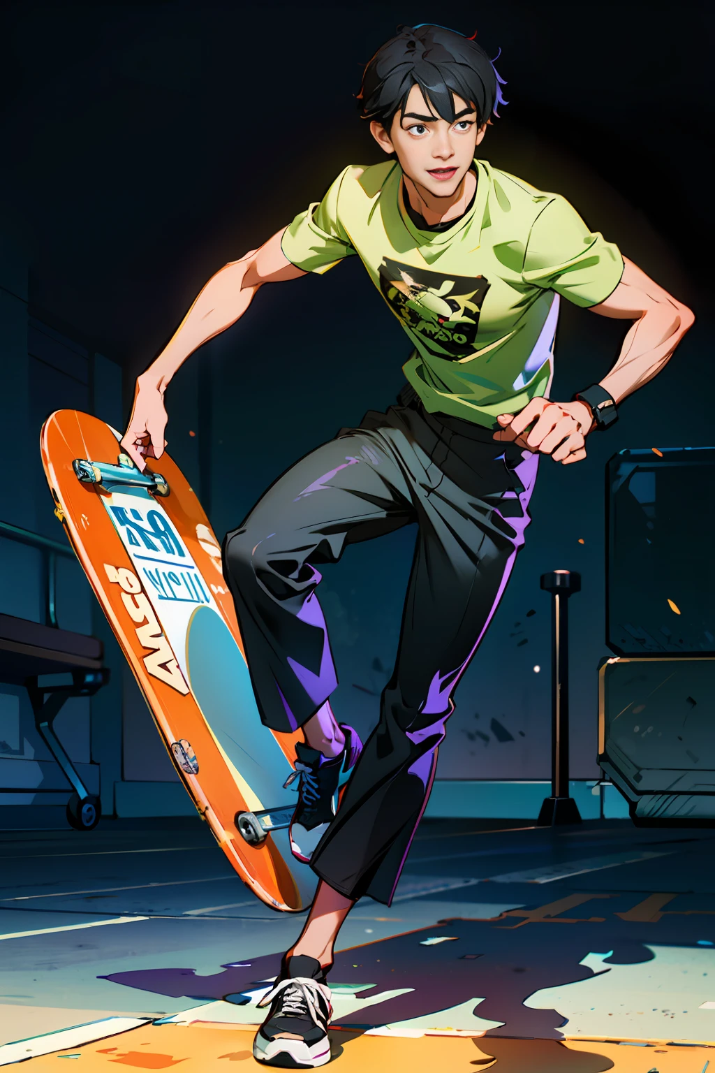 (Extremely detailed CG Unity 8k wallpaper, masterpiece, best quality, super detailed), (Best lighting, best shadow, extremely delicate and beautiful) A Chinese boy with short black hair and a big smile on his face. He wore a black T-shirt and black trousers, his short black hair perfectly outlined his handsome face, and he stepped on a skateboard under his feet