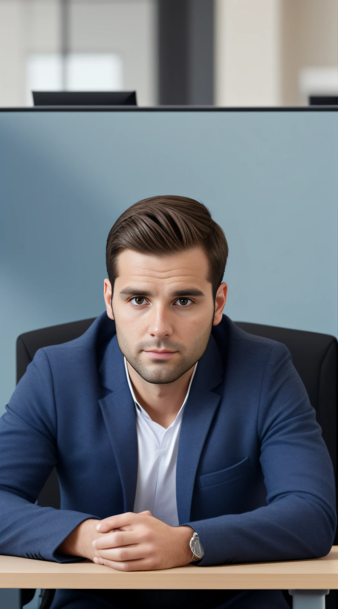 "30-year-old man in the office, looking at the camera in a photorealistic image."