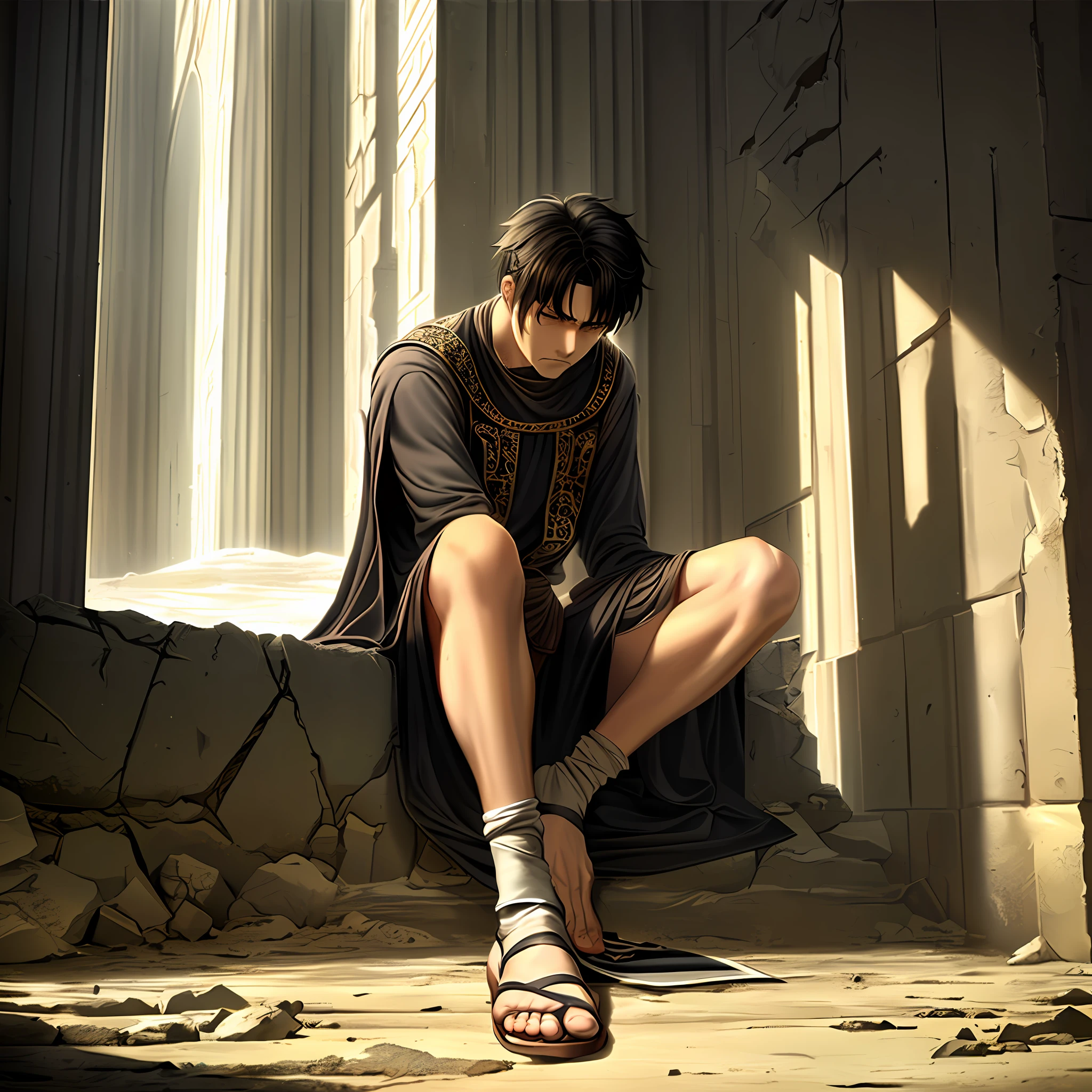 (((Young Man of both legs)))), sad, frustrated, sitting staring at the ground, in a ruin of biblical times, (((dressed in clothes of biblical times)))), medium beard, dressed in white