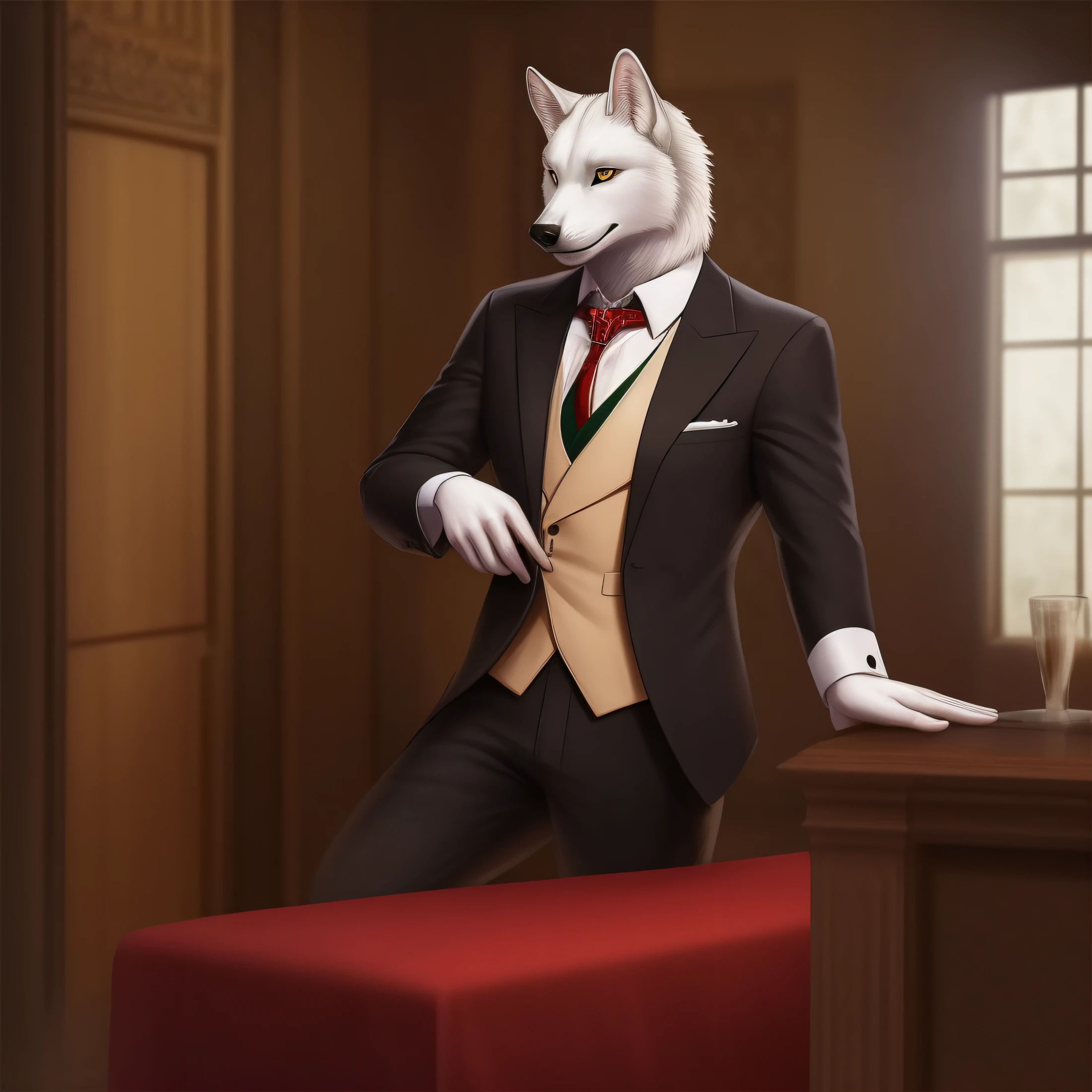 Masterpiece, white wolf, suit, good anatomy, pistol at the waist