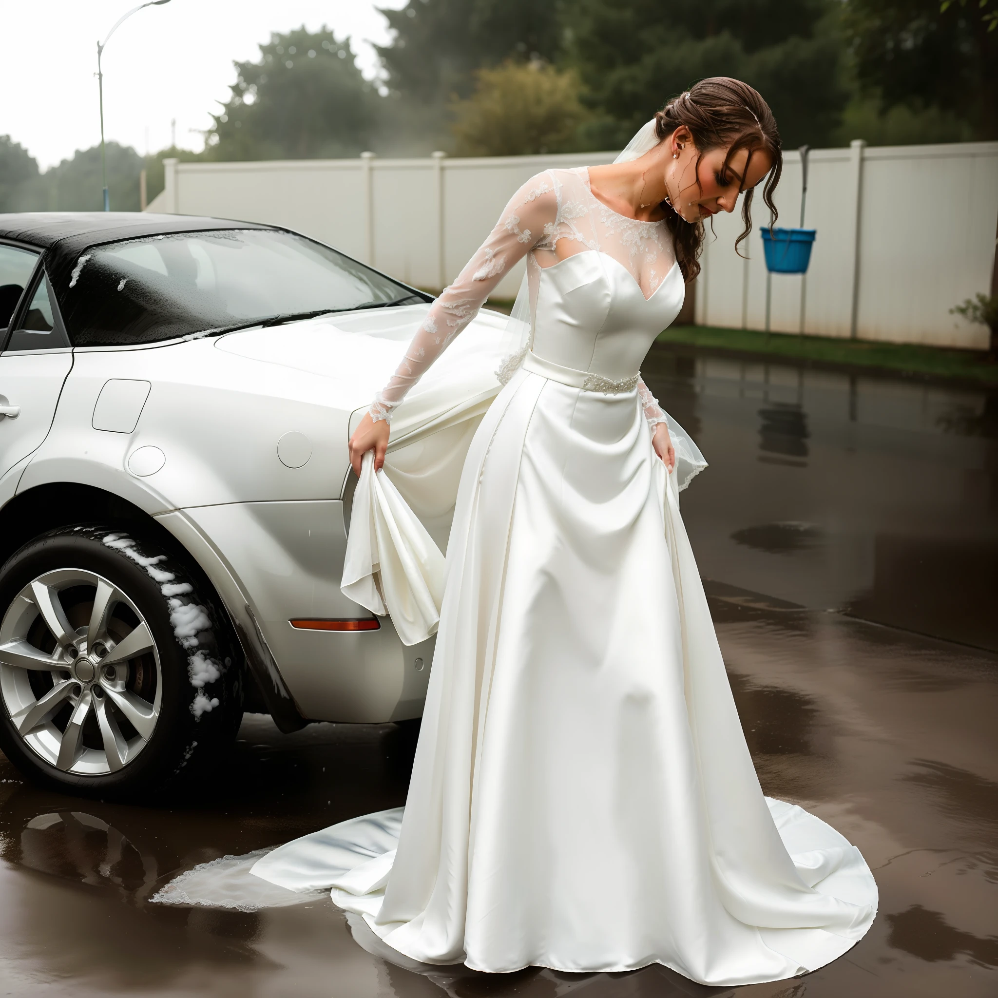 Beautiful bride wearing wedding dress, veil, and long satin gloves washing the car, stunning white ballgown, washing car, scrubbing soapy car, in driveway, wet bride, wet gown, wet hair