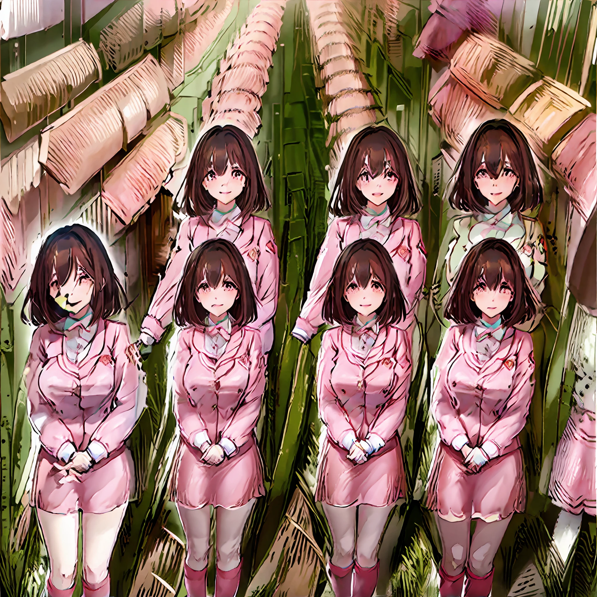 perfect anime illustration, multiple girls, thousands of girls, millions of girls, clones, identical sisters, neat rows of sisters, neat columns of sisters, sisters standing in formation, sisters in background, brown hair, curly hair, matching hairstyle, hazel eyes, smiling, ((matching outfits, pink uniform, pink high heels)), matching hairstyles, white background, highres, full body, pose