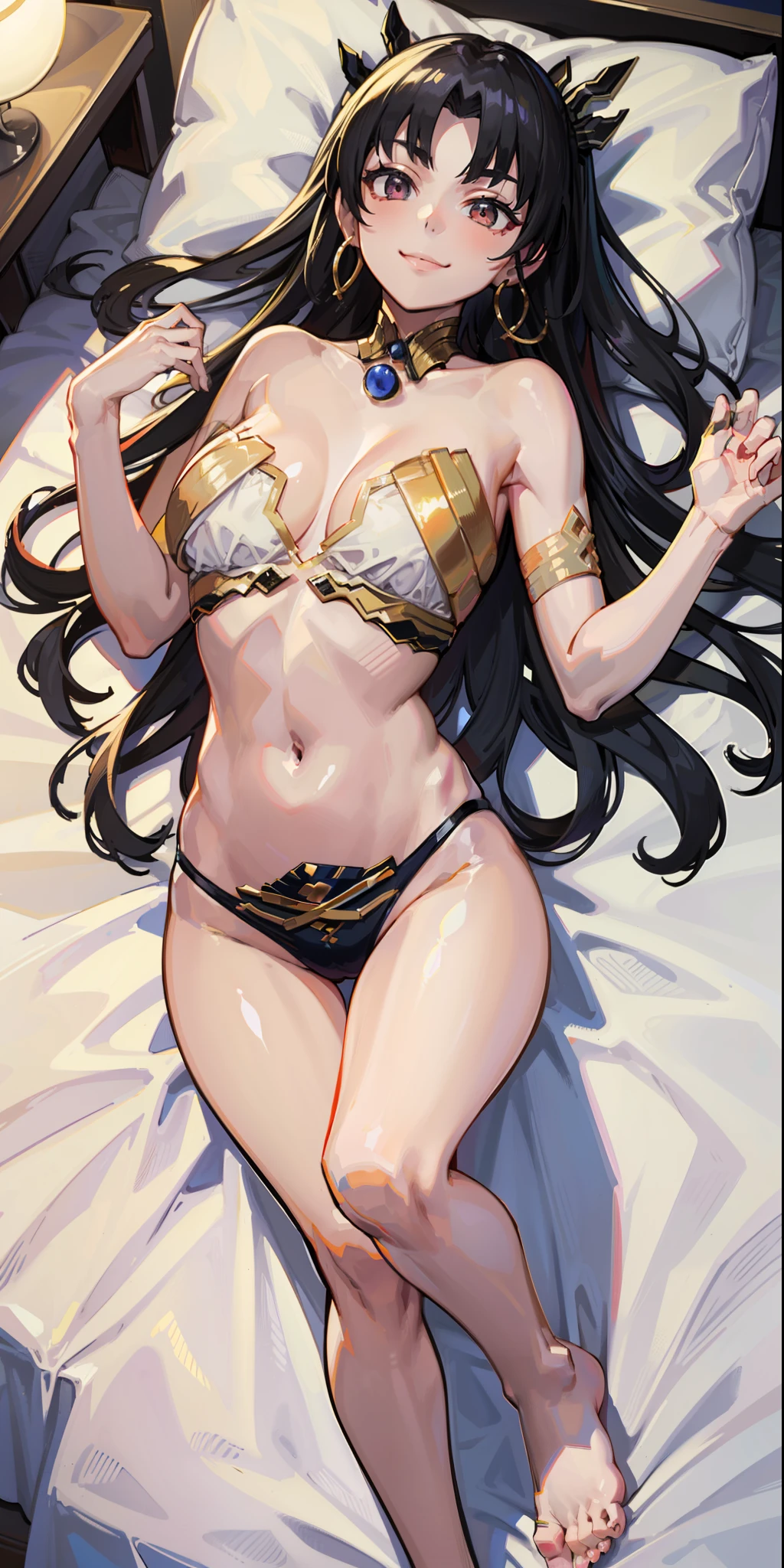 No bra, sexy lingerie, no bra, ishtar, fate, grabbing breasts, white skin, pale, day hotel room, lying in bed, sensual smile, 4k, best quality, masterpiece, beautiful body, sensual, whole body