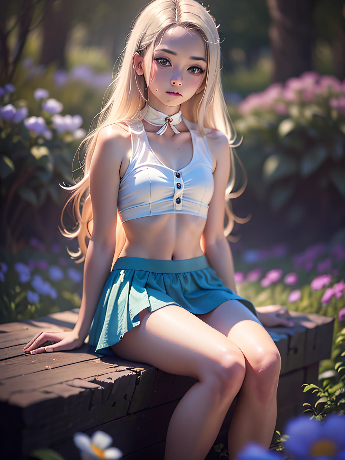 a girl, 12 years old, cute-cute, sitting in a meadow and looking up at the sky, Small chest, sleeveless, bare, ((transparent clothing)), (( very short mini skirt)), full body, full body whole body, petite breasts, flat stomach, long hair (platinum blonde hair), ((blue eyes)), elegant cute pose, from one side, razor-sharp photo, blue sky, (skin with high detail, skin detail),, slightly windy,  flowers, (masterpiece, superior quality), Ultra High Resolution, (Realism: 1.4), Original photo, Depth of field, Fine details, High details, High quality shadows, Beautiful details, (Bokeh: 1.5), Canon EOS Photography, Sigma Art 35mm f1.4 lens, ISO 2000 shutter speed, Backlight, Ultra High Resolution, (Realism: 1.4), Original photo, Best Quality, Vintage