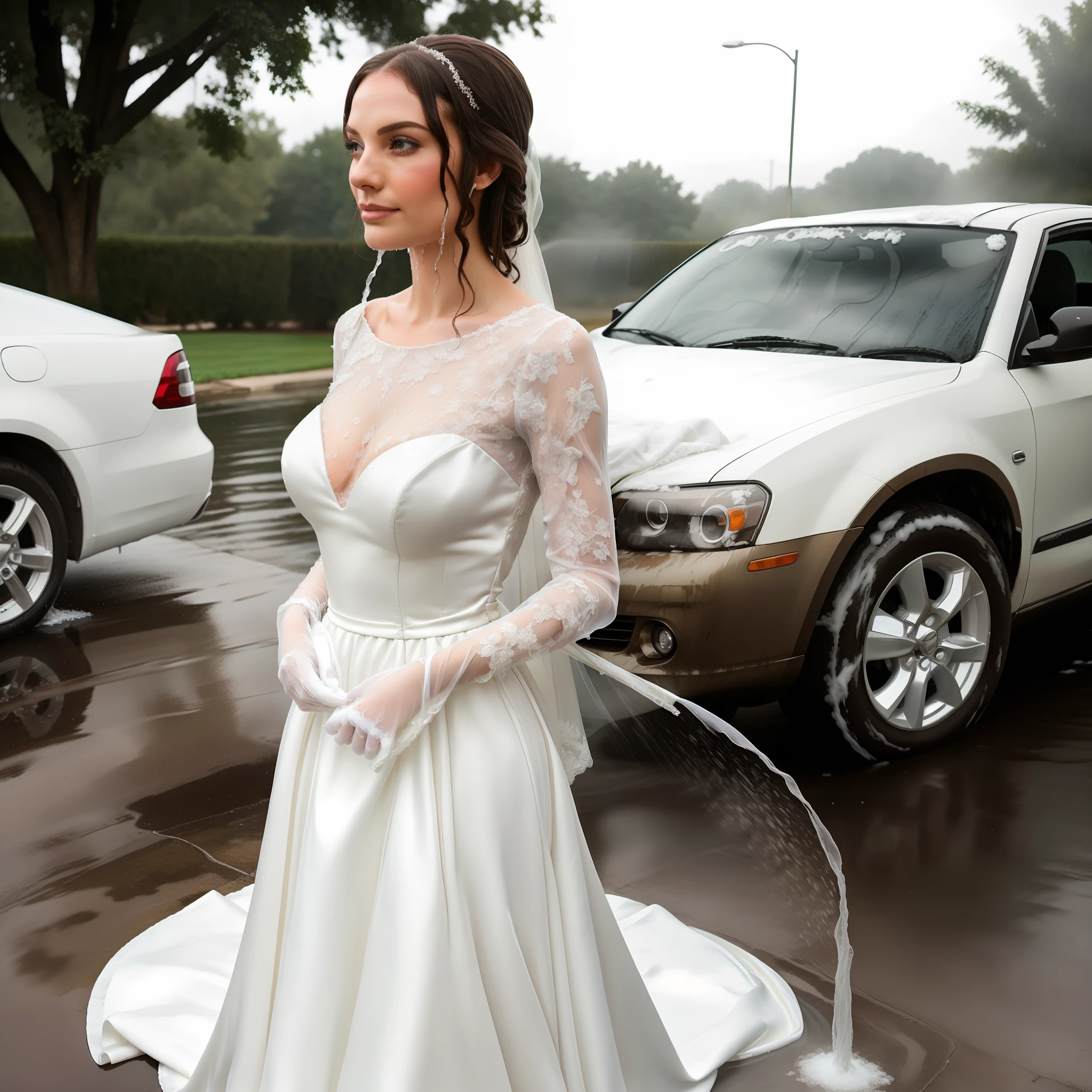 Beautiful bride wearing wedding dress, veil, and long satin gloves washing the car, stunning white ballgown, washing car, scrubbing soapy car, in driveway, wet bride, wet gown, wet hair