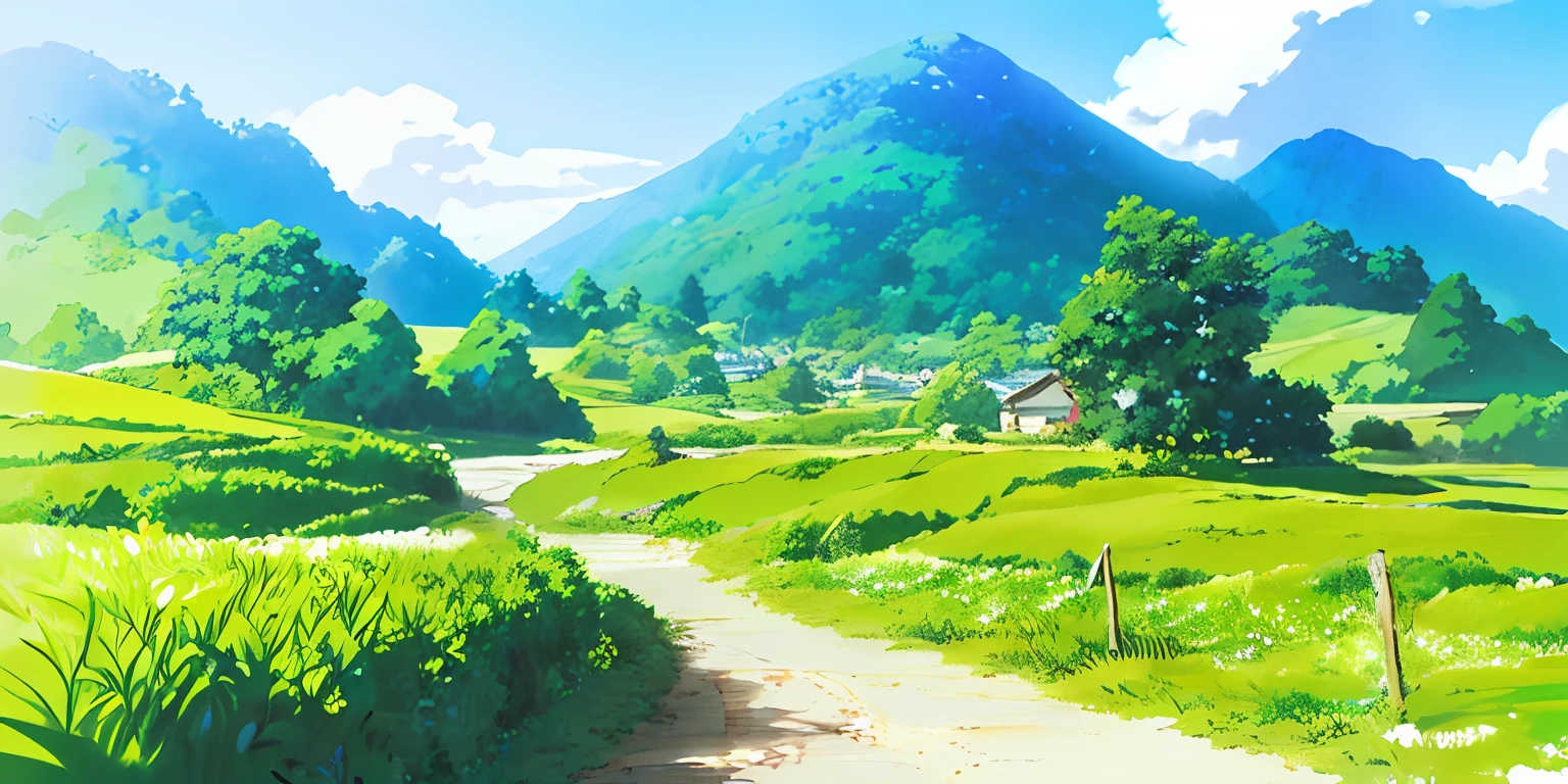 (((best quality)))), an umlaut on a hill with a path leading to it, anime countryside, anime background art, anime scenery, soft studio ghibli concept art, beautiful anime scenery, anime set concept art, studio ghibli concept art, ghibli studio environment, anime landscape, beautiful anime scene, Glibly Makoto Shinkai Studio, Ghibli Studio Landscape, Cottagecore!!