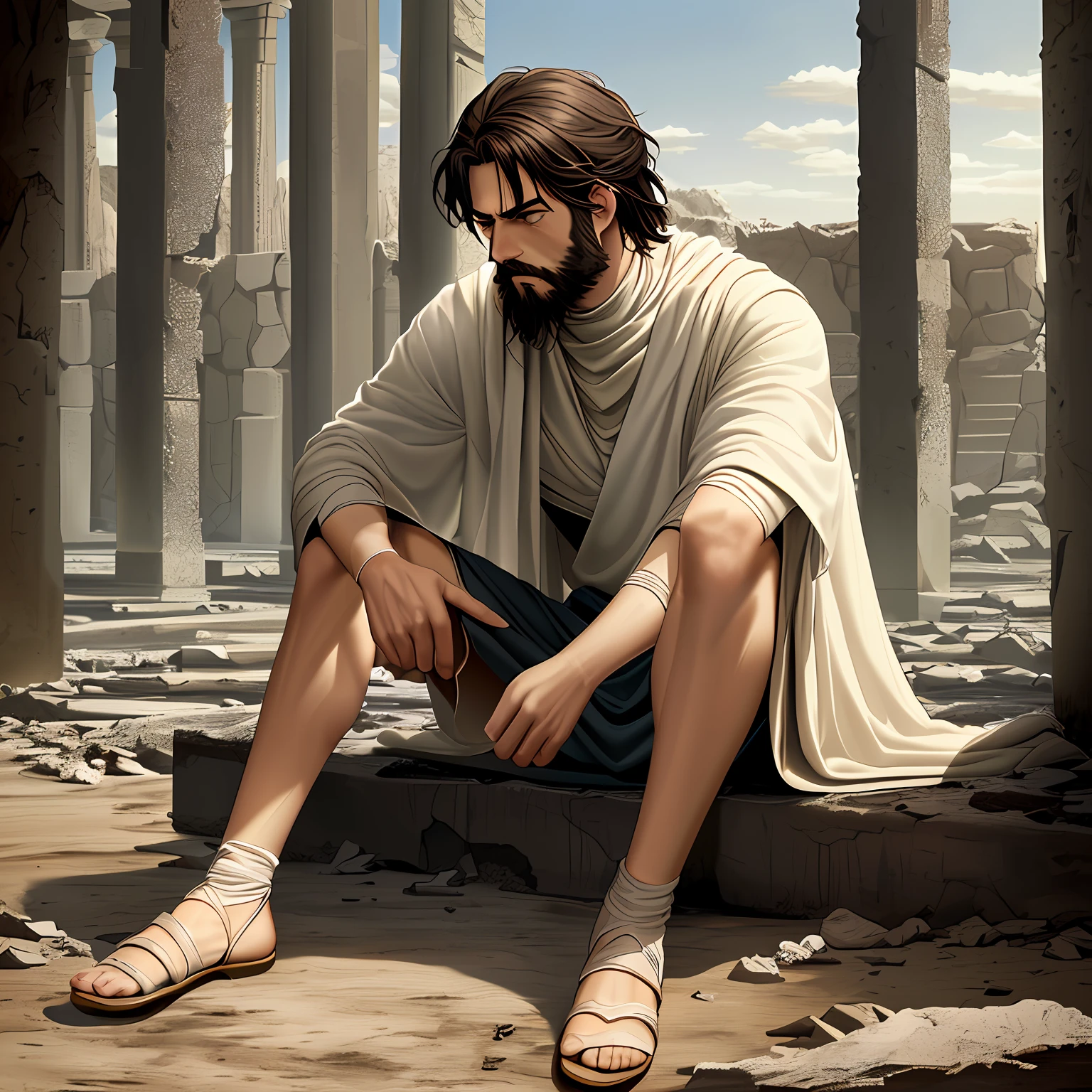 (((Young Man of both legs)))), sad, frustrated, sitting staring at the ground, in a ruin of biblical times, (((dressed in clothes of biblical times)))), medium beard, dressed in white