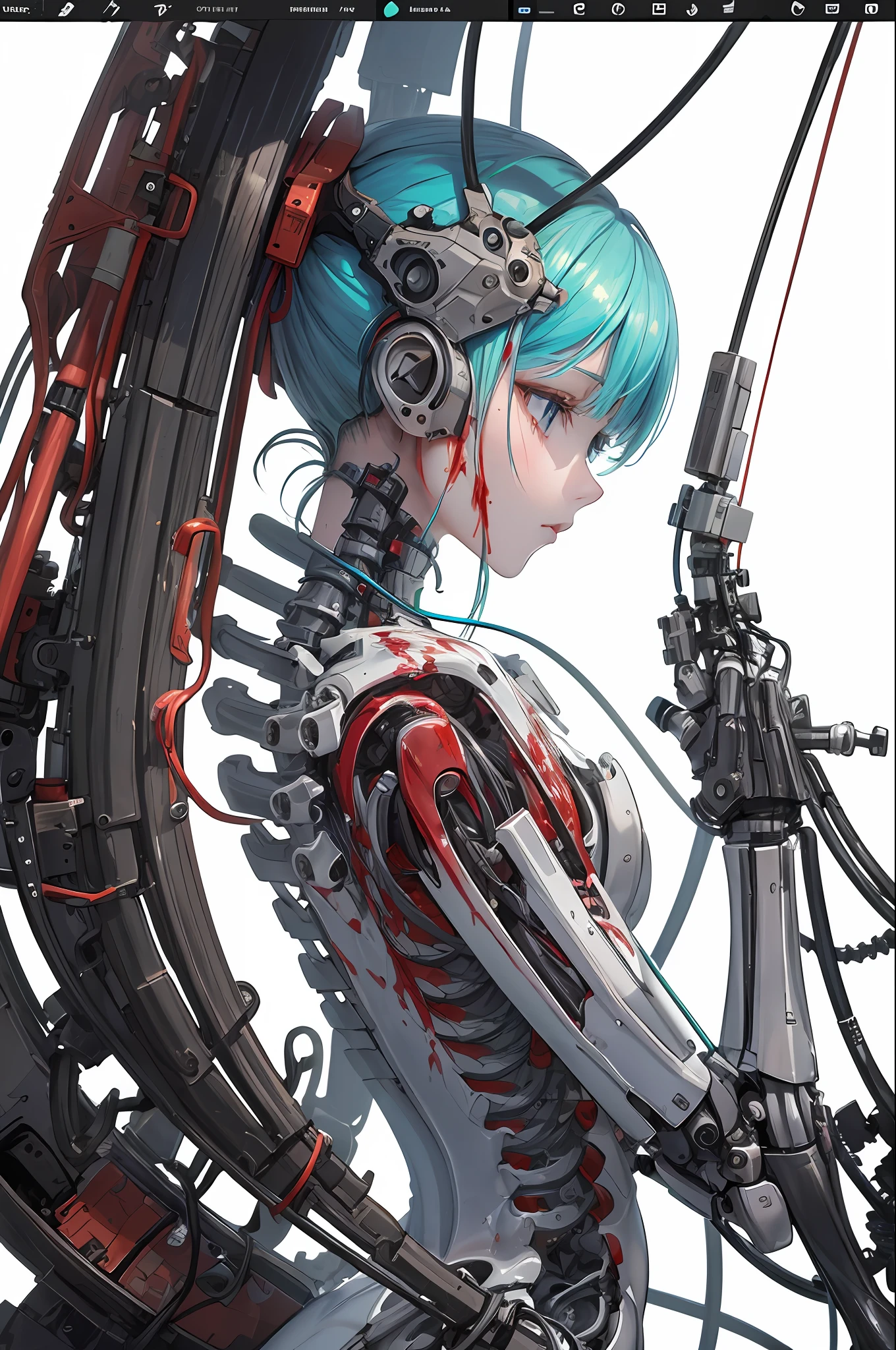 (Masterpiece, Top Quality, Best Quality, Official Art, Beautiful Indulgence: 1.2), (1 Girl: 1.3), Very Detailed, Colorful, Supreme Detail ((Ultra Detailed)), (Highly Detailed CG Illustration), (Very Delicate and Beautiful)), (From the Side), Cinematic Light, (1 Machine Girl)), Solo, Full Body, (Mechanical Joints: 1.2), ((Mechanical limbs)), (Blood vessels connected to tubes), ( Mechanical vertebrae attached to the back), ((Mechanical cervical vertebrae attached to the neck)), (sitting), expressionless, (wires and cables attached to the neck: 1.2), (Head wires and cables: 1.2) (Character focus), science fiction, white background, (blood: 1.5), angel, mint green hair, blue eyes