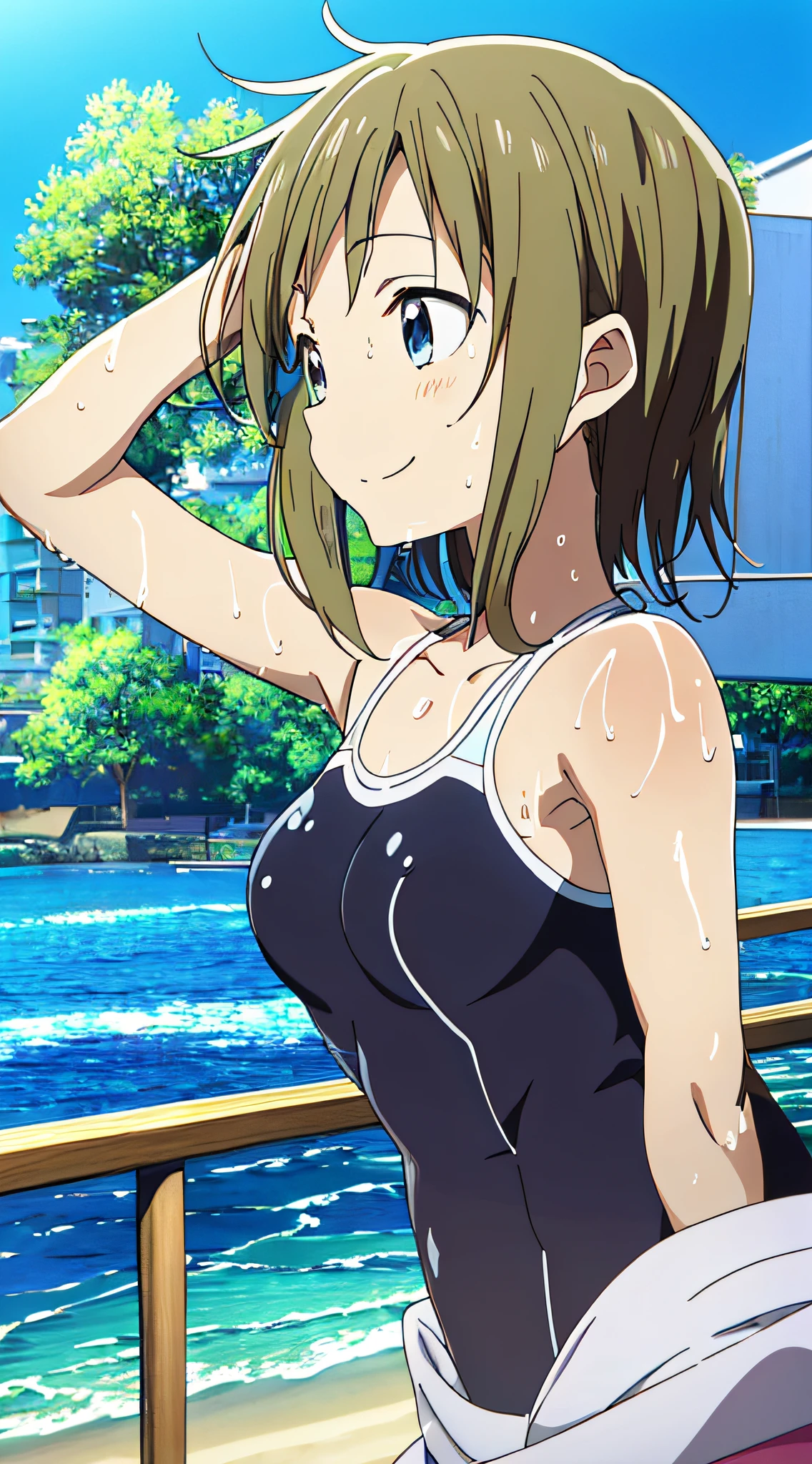 (Anime, Anime Art Style:1.2) Yuyushiki, Young Girl, 13 years old, Drenched in sweat, Smile, Swimsuit, Seaside, Sun, (looking away:1.5),Blue sky,Various movements,Various angles