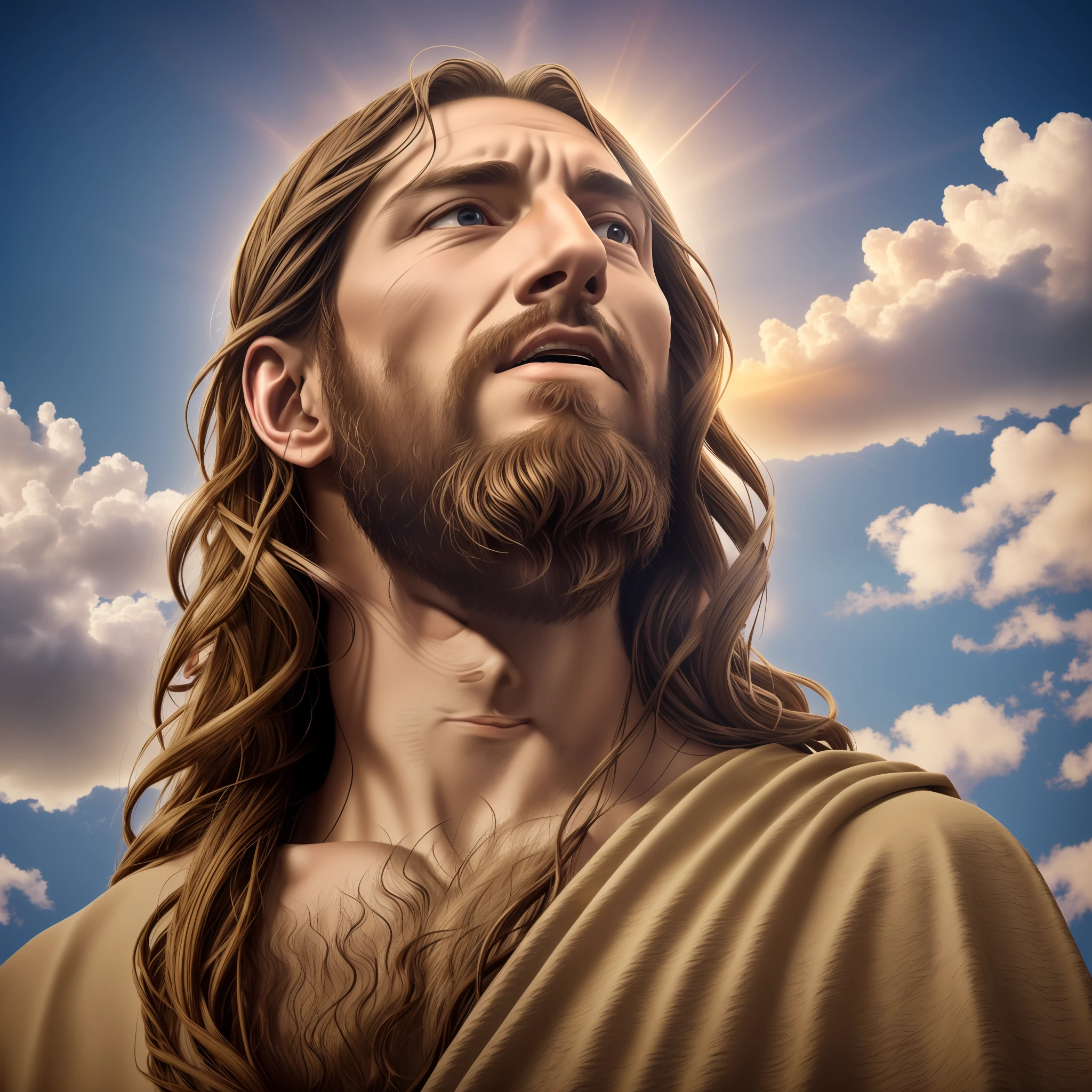 Award-winning realistic photo of Jesus Christ (looking up at the sky:1.3), expression conveying a sense of satisfaction and victory, hyper detailed 4k --auto --s2