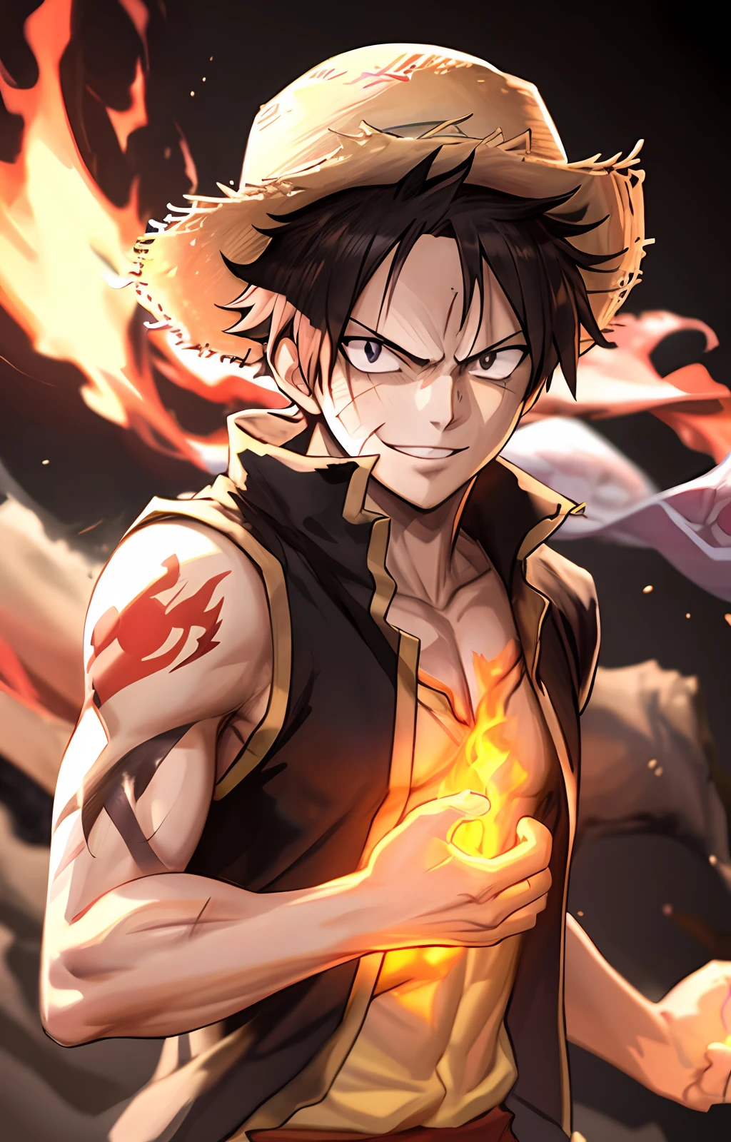 1boy, wanostyle, monkey d luffy, smiling, straw hat, looking at viewer, solo, upper body, ((masterpiece)), (best quality), (extremely detailed), depth of field, sketch, dark intense shadows, sharp focus, soft lighting, hdr, colorful, good composition, fire all around, spectacular, closed shirt, anime screencap, scar under eye, ready to fight, black eyes