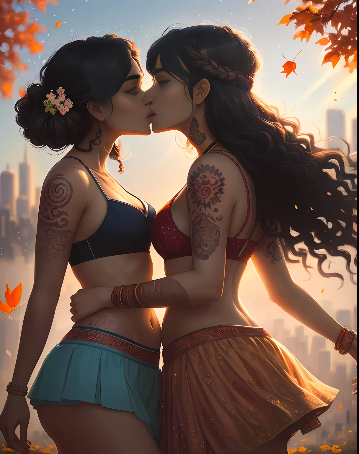 (impressionist masterpiece oil painting depicting closeup) of a beautiful (urban indian lesbian couple:1.2) kissing passionately in wind, (2 women:1.2), (beautiful detailed eyes:1.1) , (passionate expression:1.2) intense dramatic lighting, falling leaves and flowers bokeh, backlit, light rays, highly detailed, trending on artstation, paint splashes, rich colour, wearing bikini top and mini skirt, upskirt view, heavily tattooed arms & navel, falling leaves & flowers all around, (perfect wavy hairstyles), abstract portrait, by Atey Ghailan