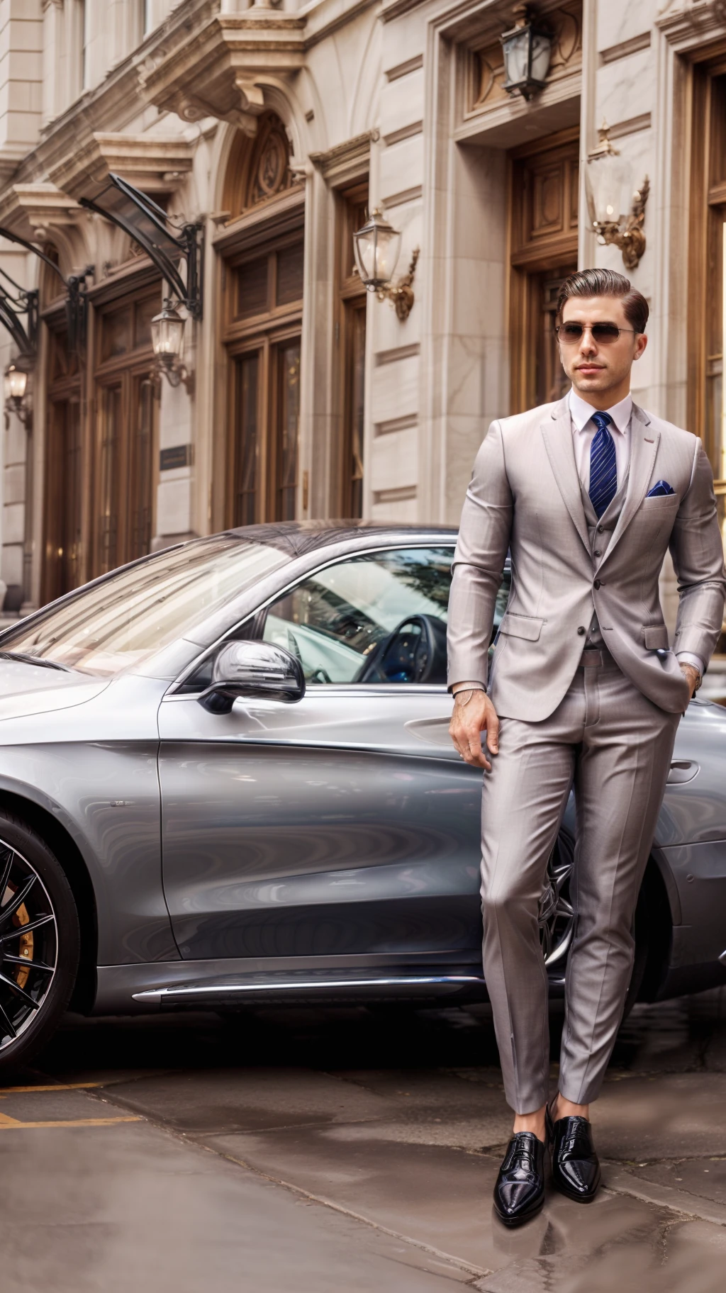 Dressed in a sleek black tailored suit, this person exudes elegance and sophistication. Their outfit is complemented by a silver tie, matching cufflinks, and shiny black shoes. In the background, a luxurious Mercedes-Benz S-Class stands proudly, showcasing its iconic three-pointed star emblem