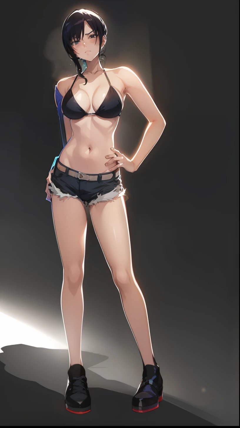 Cartoon of a woman in a bikini top and shorts with a purse, of frontline girls, front line style girls, fine details. front line girls, thigh focus, seductive anime girl, revealing outfit, moody scene noire, ecchi anime style, cell shaded adult animation, SFW Version, (sfw) safe for work, Varied positions, big breasts, black hair