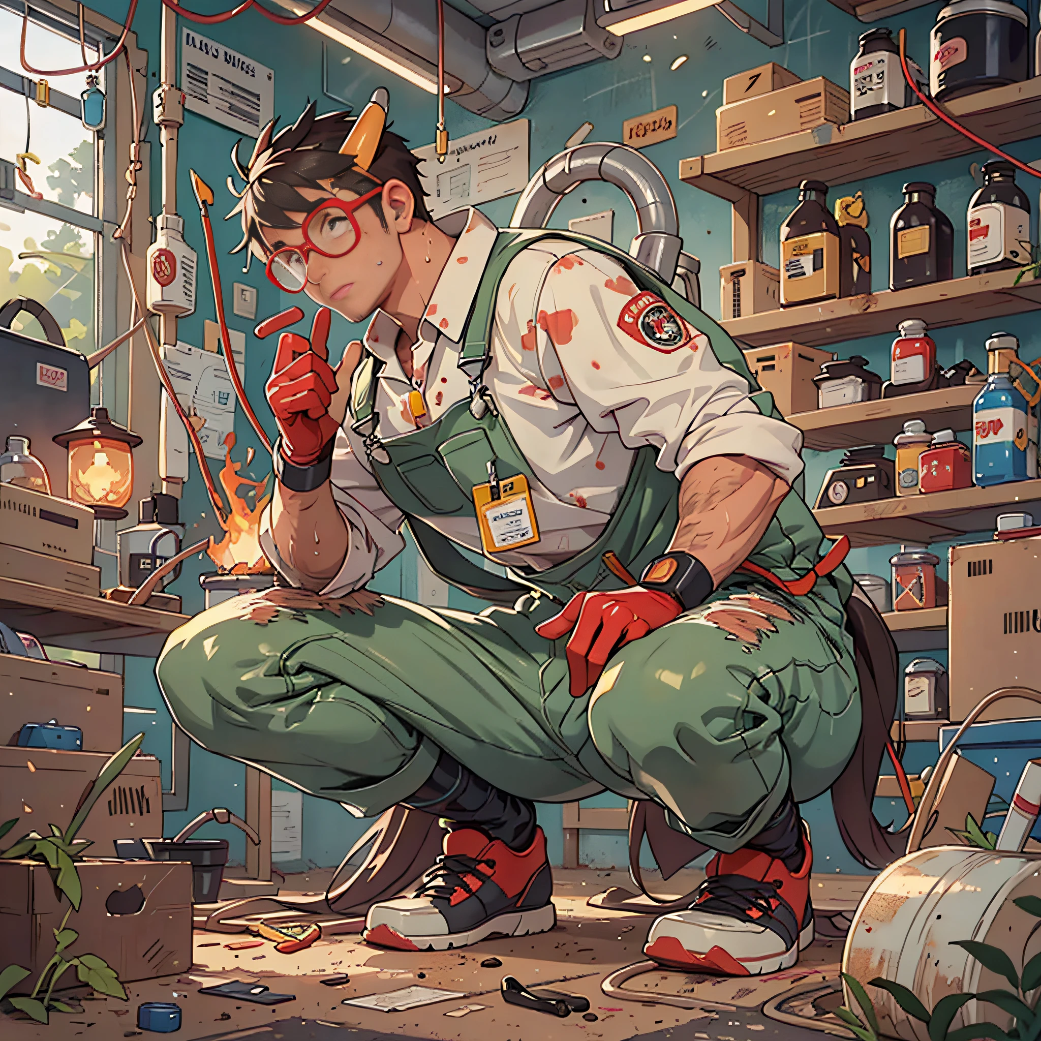 Masterpiece, best quality, super detailed, illustration, 1boy, rappers, solo, bright, reflective, latex, overalls, body, squat, detailed, work shoes, fire dragon, messy, workshop, industrial, black, red, silver, metal, gloves, glasses, protection, equipment, machines, tools, sparks, dirt, dirt, oil, stains, sweat, exhaust, tubes, meters, dials, buttons, levers, cables, wires, hydraulics, systems, hydraulic presses, cranes, pulleys, welding,  Torches