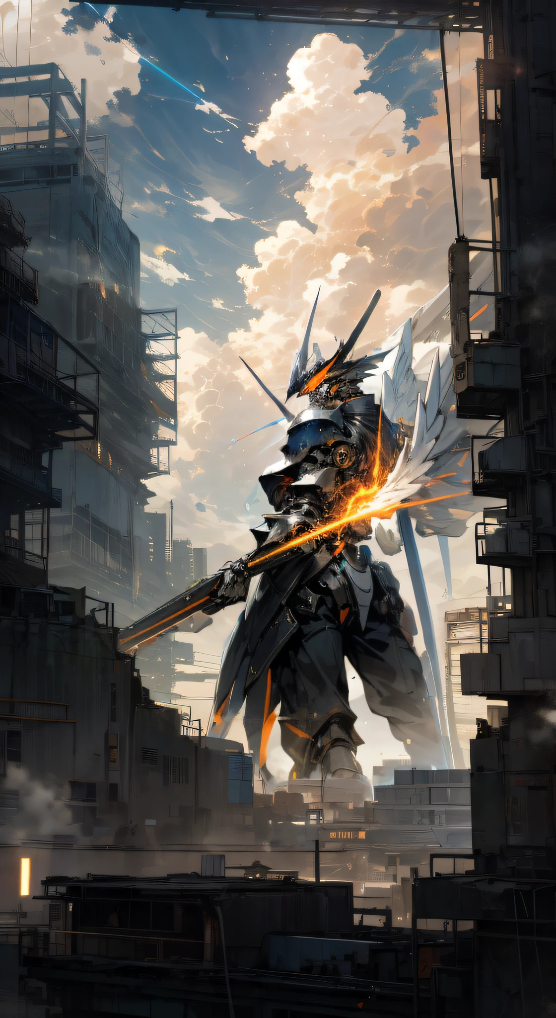 The color of the armor is red, the explosive armor part emits orange fire, laser, light surrounds, around, floating laser cannon, science fiction, mechanical artillery, laser cannon, wings composed of black machinery behind him, mechanical wings on the back, orange fire after mechanical wings, technological fire, mechanical light wings