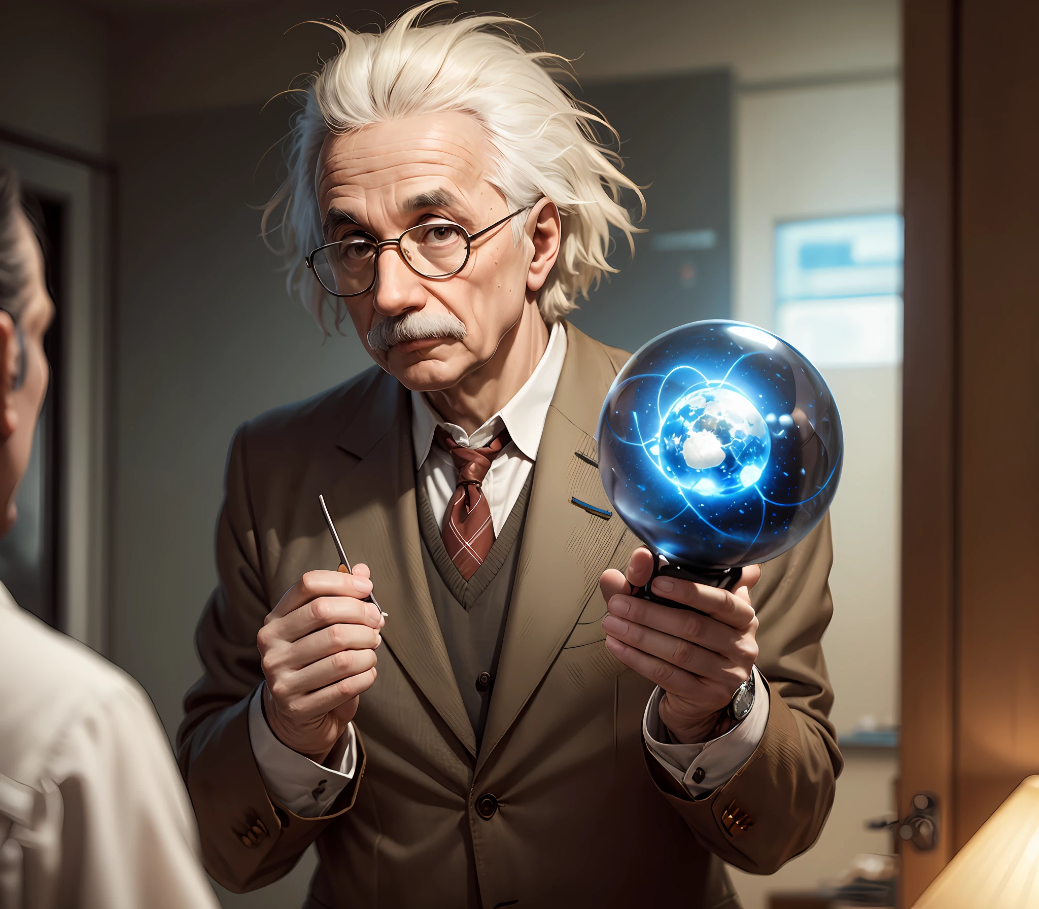 Einstein holding an atom, imagine realistic, do not duplicate finger
