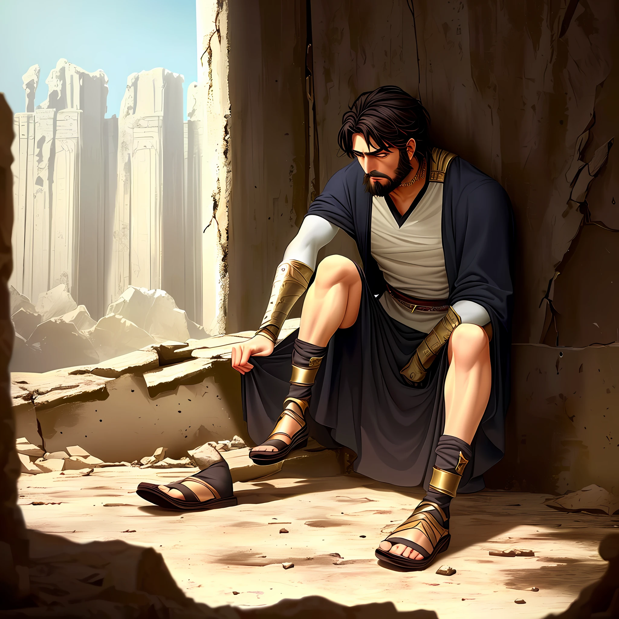 (((Young Man of both legs)))), sad, frustrated, sitting staring at the ground, in a ruin of biblical times, (((dressed in clothes of biblical times)))), medium beard, dressed in white