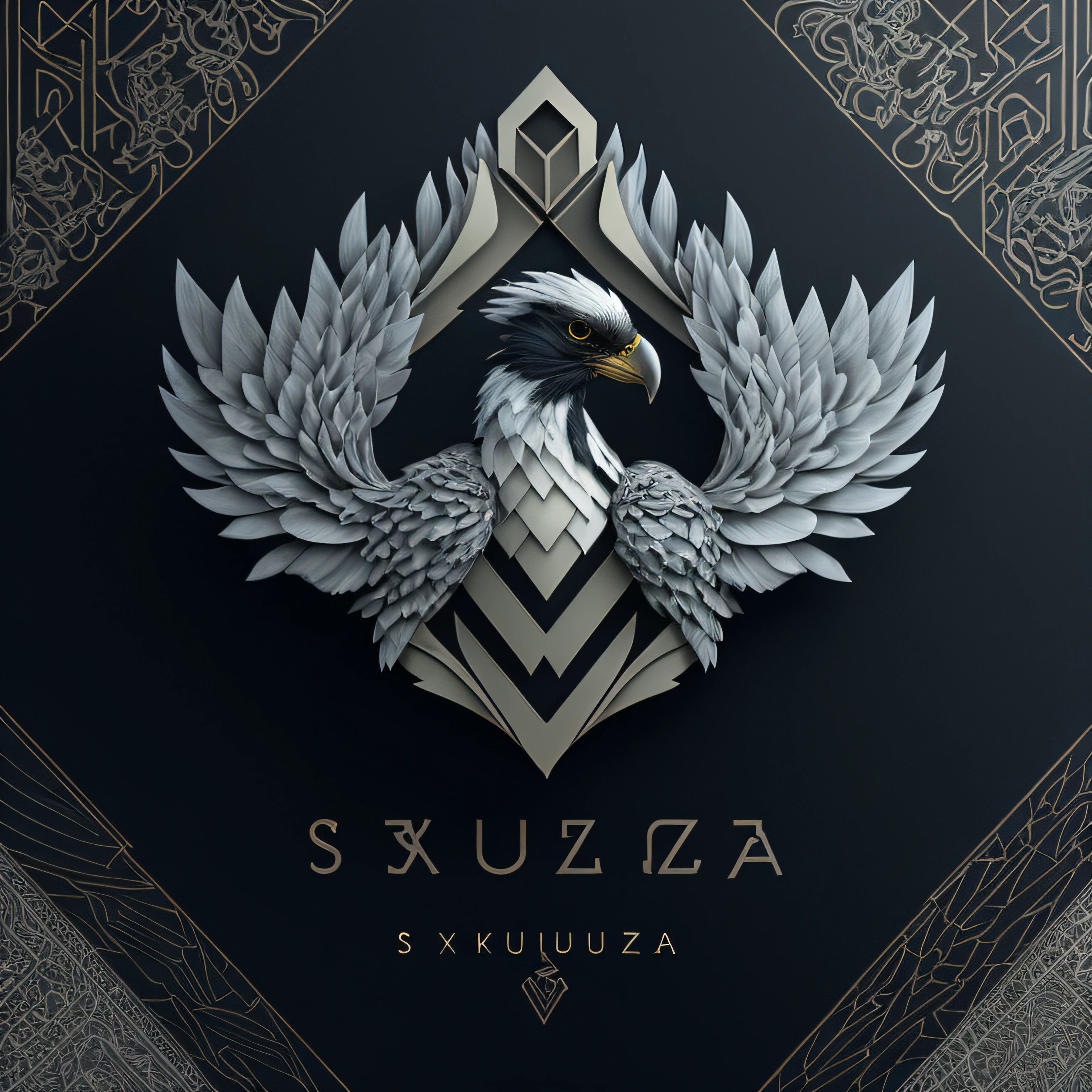 arafed image of a bird with wings on a black background, scuta, by Tadeusz Pruszkówski, szukalski, official art, official poster art, style of maciej kuciara, hziulquoigmnzhah, dj sura, by Paweł Kluza, album art for char zulu, sexduza, sexduza text