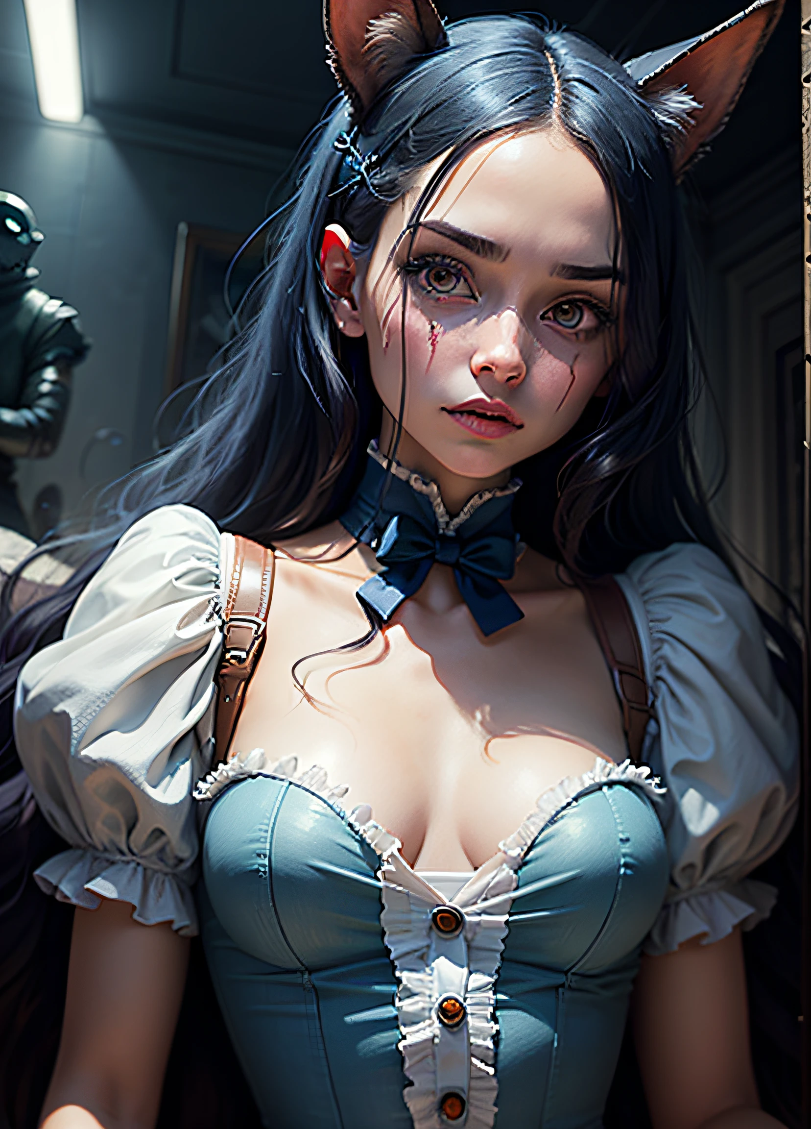 A painting of a girl with a creepy face and a creepy face, anime silent, anime girl, Alice in cyberpunk wonderland, Alice in Wonderland, Alice, Alice in Wonderland, portrait of Alice in Wonderland, fantasy horror art, detailed 4K horror art, like Alice in Wonderland, Alice in Wonderland, The blue-eyed Cheshire Cat, horror fantasy art, Alice goes down the rabbit hole --auto