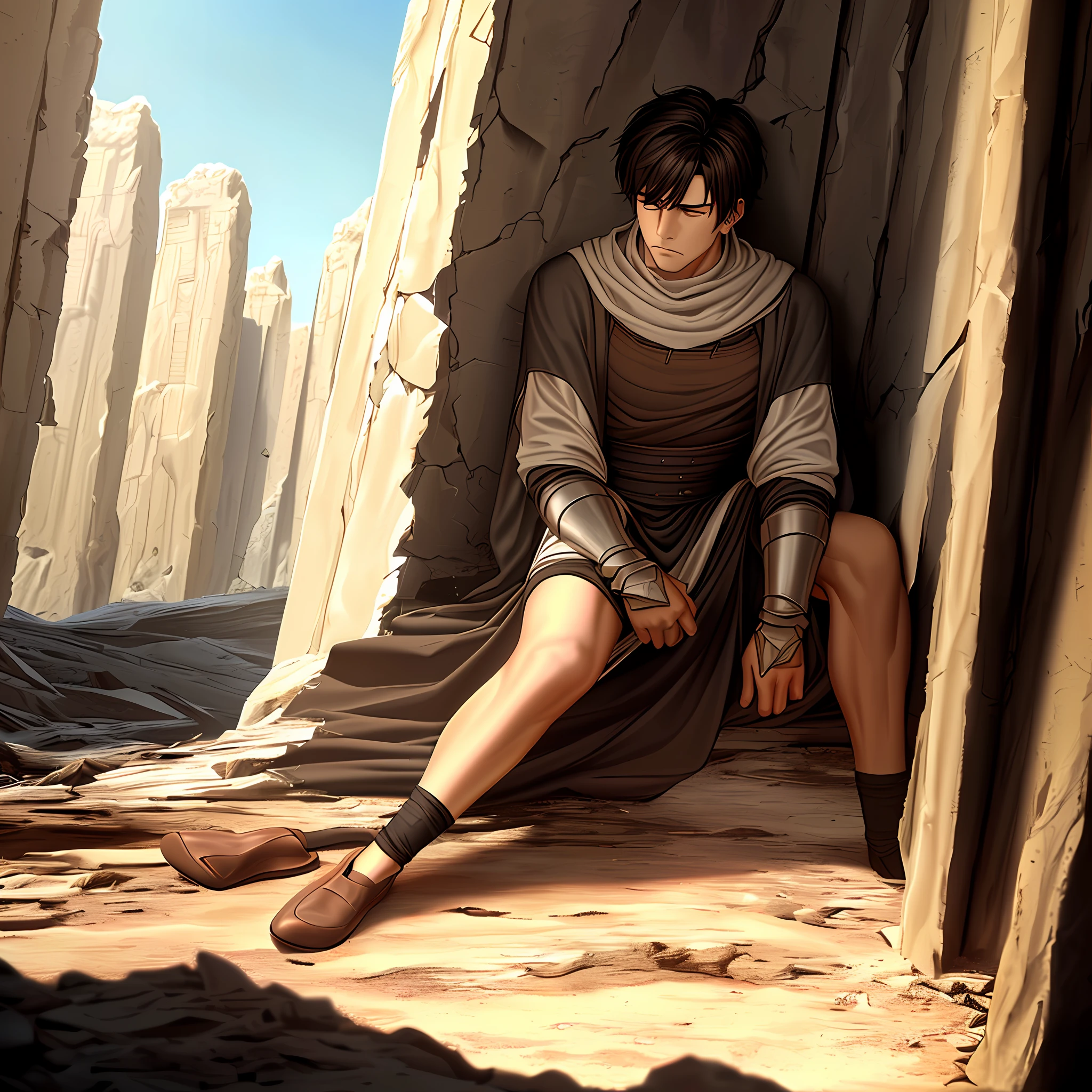 (((Young Man of both legs)))), sad, frustrated, sitting staring at the ground, in a ruin of biblical times, (((dressed in clothes of biblical times)))), medium beard, dressed in white