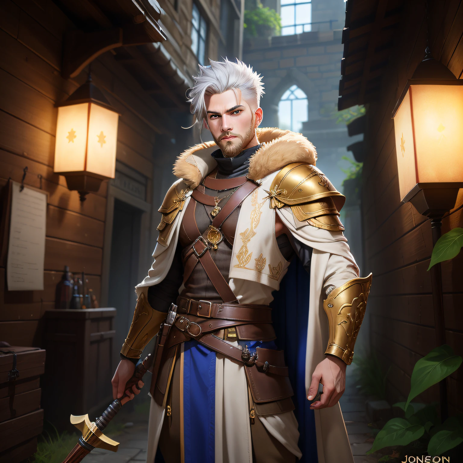 (full body: 1.2), a young, warrior golden armor, with short white hair and a beard, large eyes bright with blues, he is dressed in a golden leather robe covering his body from neck to toe, inspired by Johannes Helgeson, RPG, portrait, painted portrait of wounded Odin, RPG book portrait, portrait of an adventurer, epic RPG portrait, sharp RPG portrait, crisp RPG portrait, RPG character art, RPG portrait, by Johannes Helgeson, full body RPG portrait, full body, The man has an expression on his face that suggests he may be deeply in thought or concentration, His clothes appear to be made of different shades of gold, brown and grey, giving it an overall rustic look