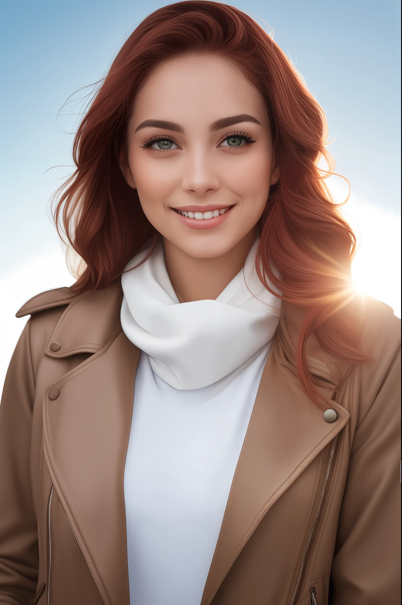 a photo of a seductive woman with loose style (red hair:1.1), with corner smile, she is wearing a hoodie, scarf around the neck of red color, white blouse and brown leather jacket, mascara, (textured skin, skin pores:1.1), (moles:0.8), imperfect skin, goosebumps, flawless face, (light freckles:0.9), (kissed by the sun:1.1), ((photorealistic):1.1), (raw, 8k:1.3),