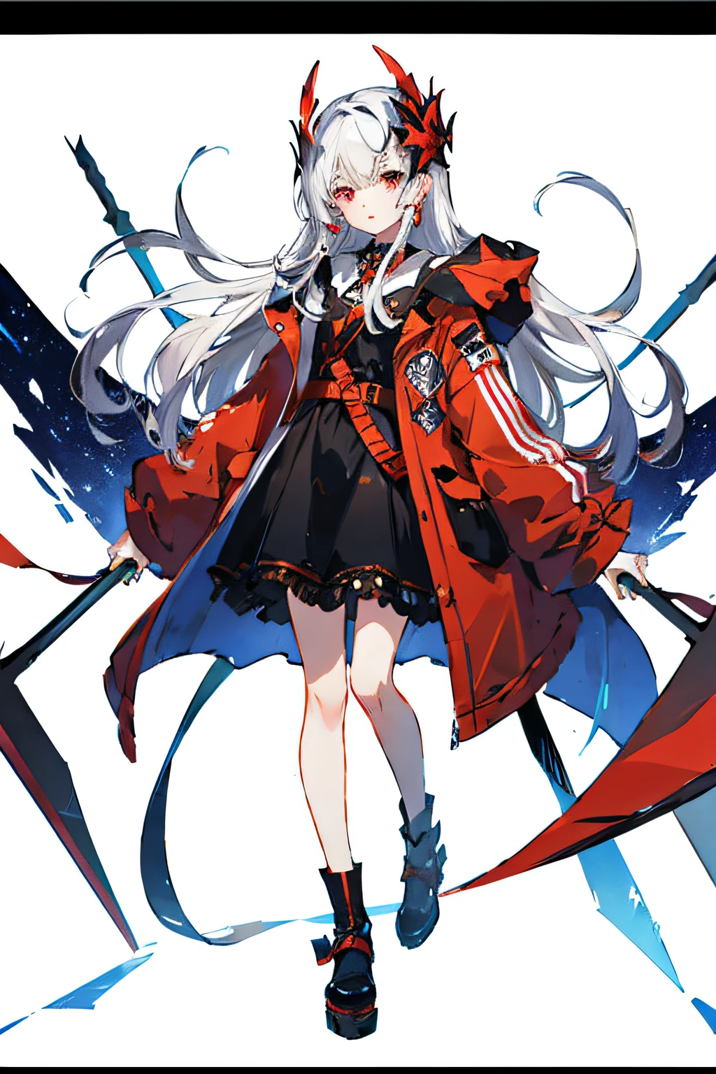 Introduction, Charter layout, full body, upright, gaze viewer, red sickle in hand, white hair and red eyes, starry sky, masquerade, detail clothing, white background,