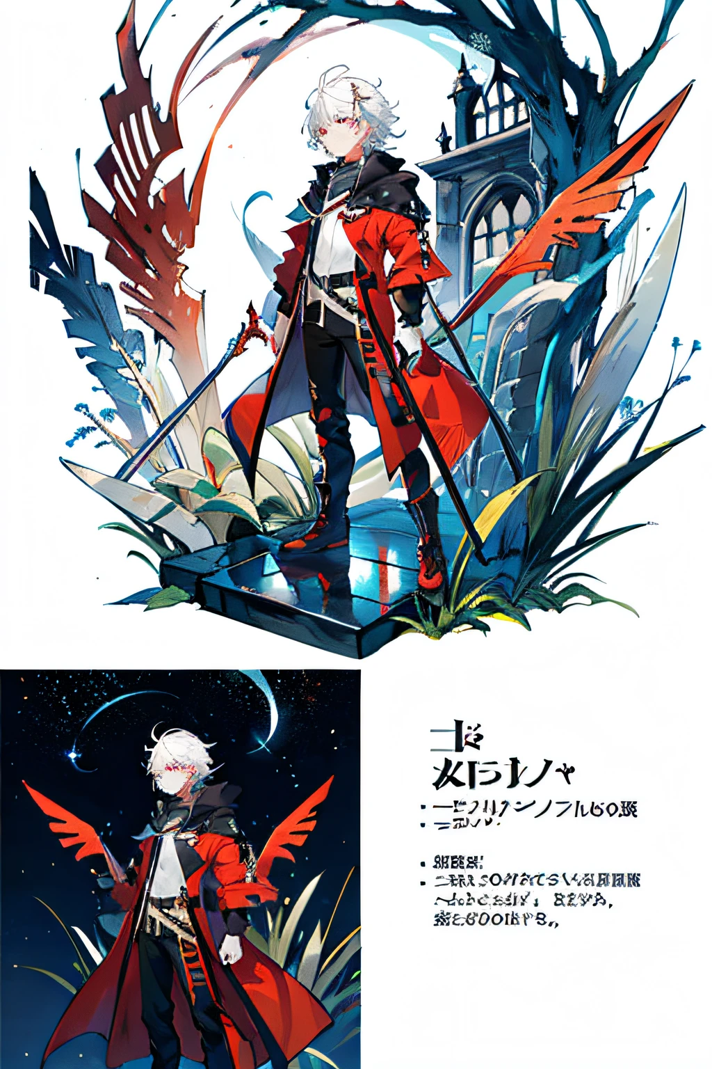 Introduction, Charter layout, full body, upright, gaze viewer, red sickle in hand, white hair and red eyes, starry sky, masquerade, detail clothing, white background,