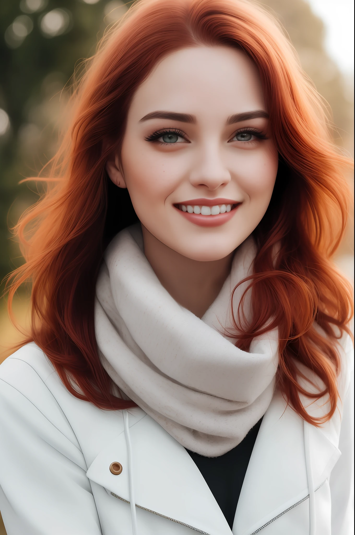 a photo of a seductive woman with loose style (red hair:1.1), with corner smile, she is wearing a hoodie, scarf around the neck of red color, white blouse and brown leather jacket, mascara, (textured skin, skin pores:1.1), (moles:0.8), imperfect skin, goosebumps, flawless face, (light freckles:0.9), (kissed by the sun:1.1), ((photorealistic):1.1),  (raw, 8k:1.3),