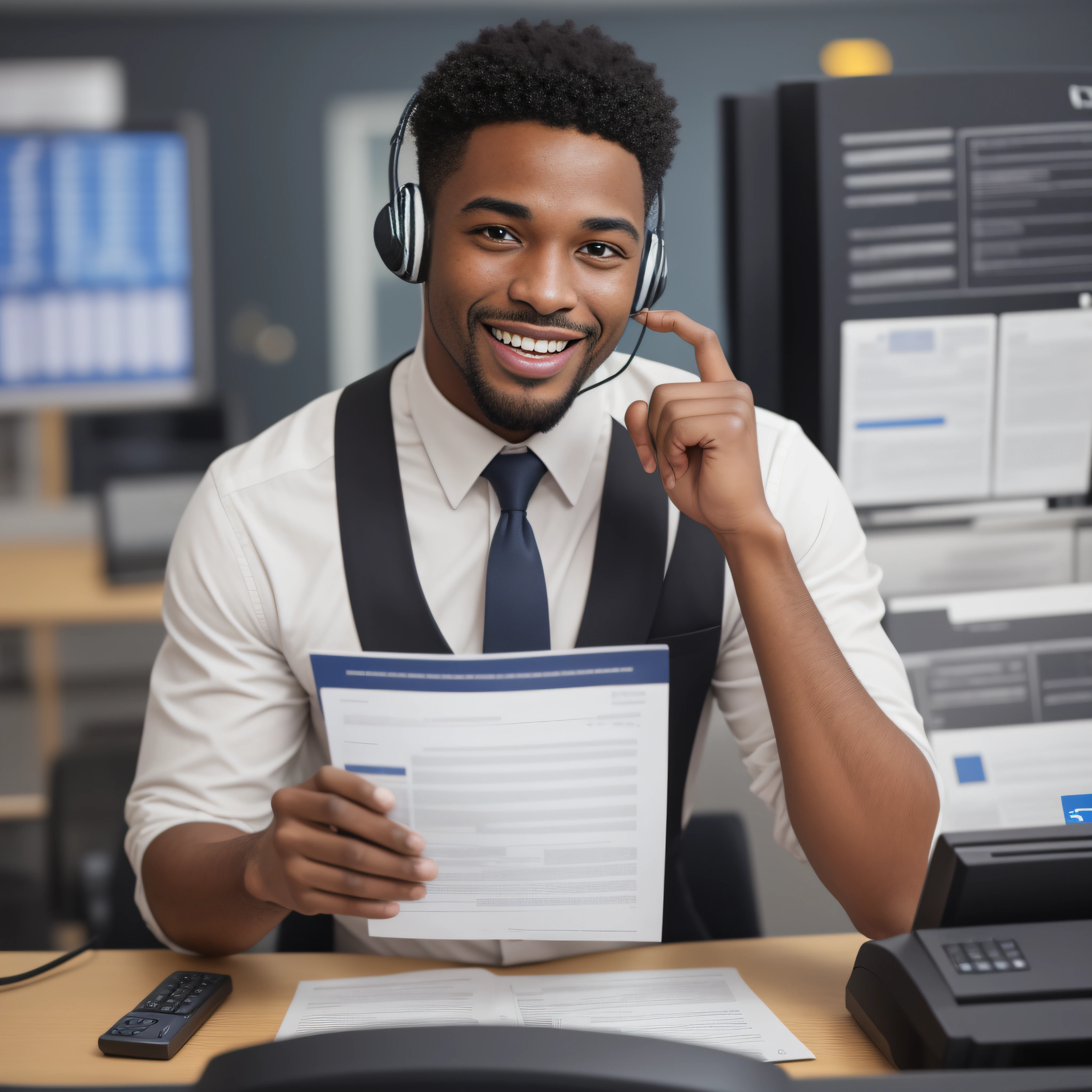 A black man happy because he started working in telemarketing as an attendant.