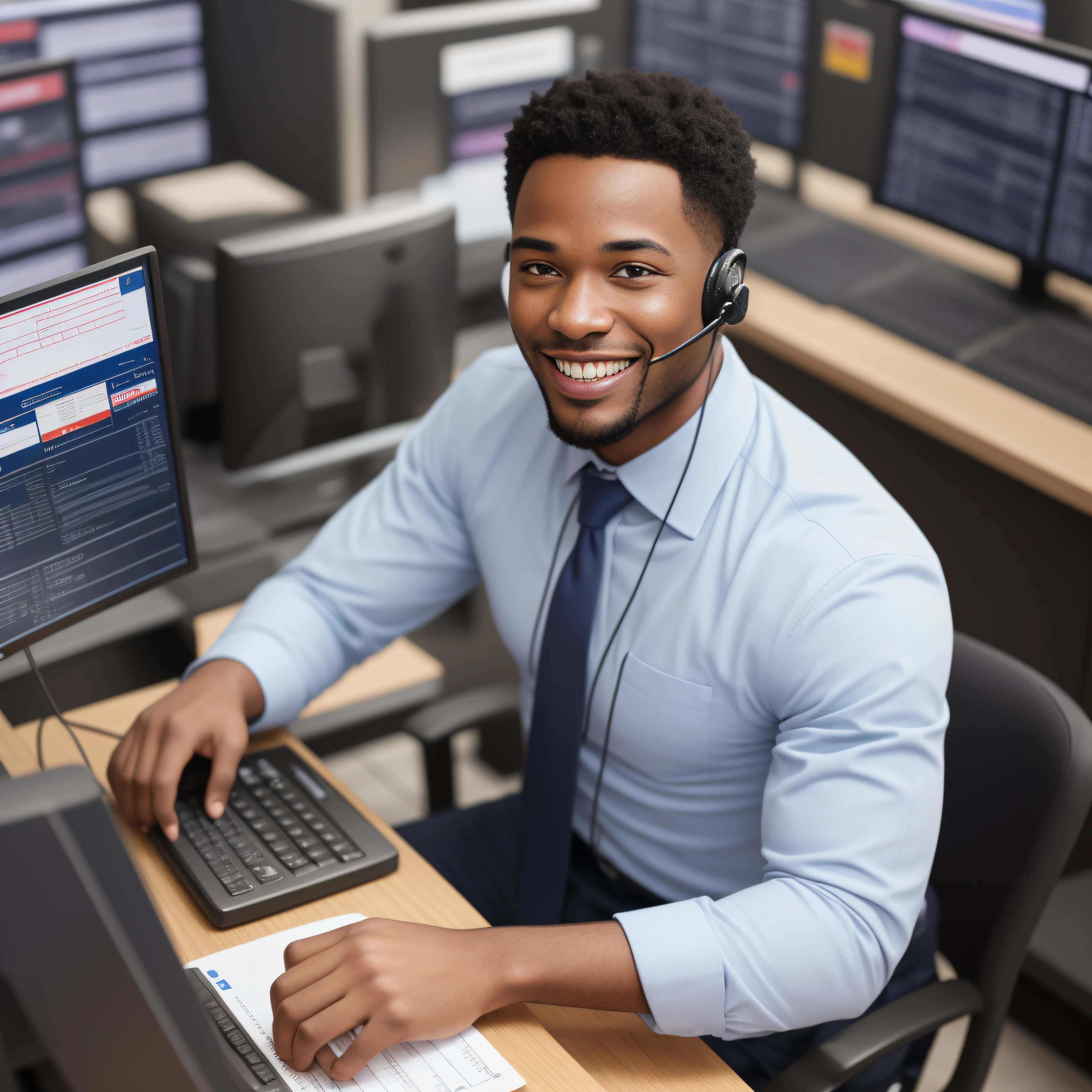 A black man happy because he started working in telemarketing as an attendant.