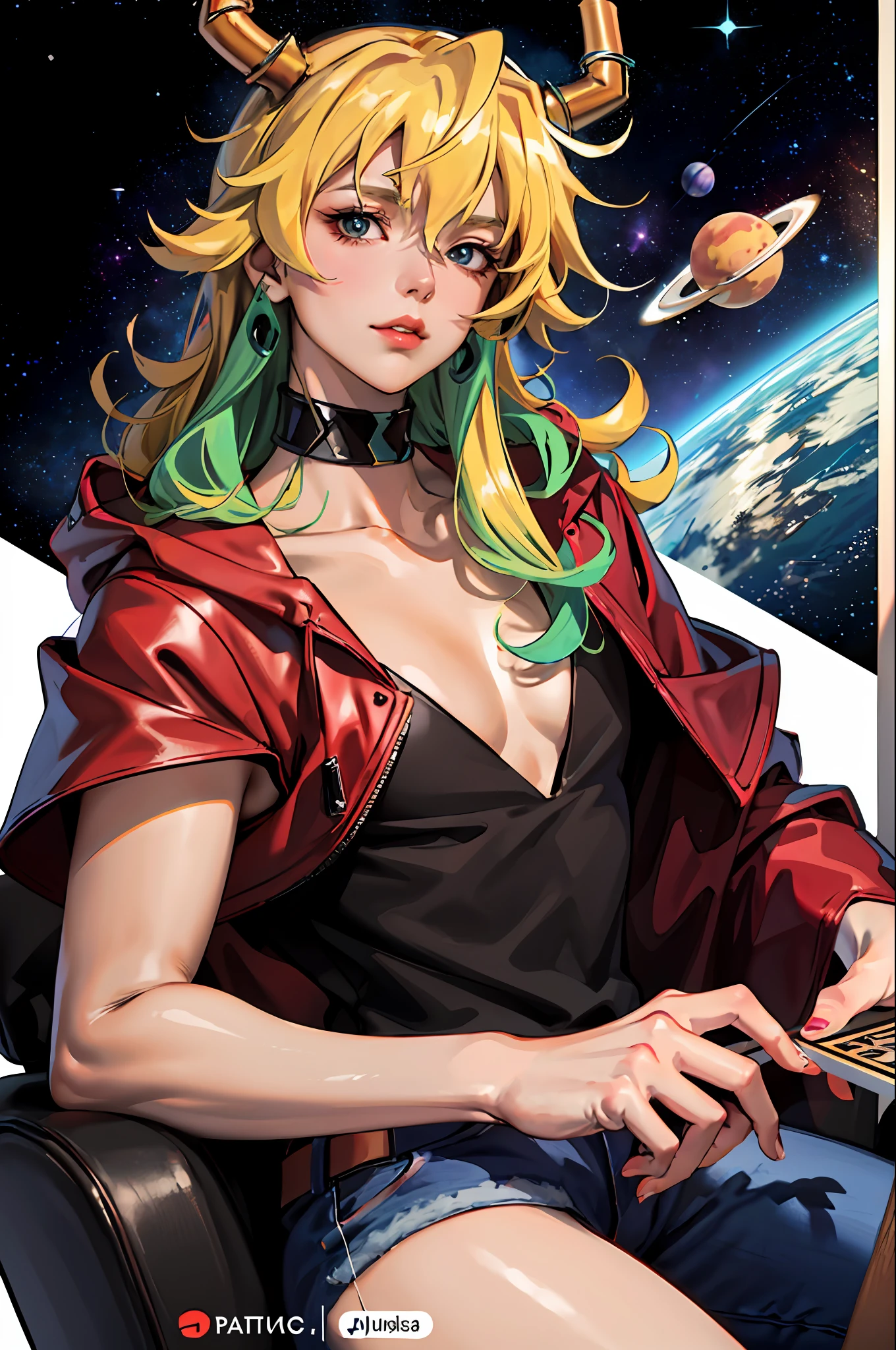 Create a detailed drawing of the character Kamin from the anime "Gurren Lagann" in a space interior. Let Kamina be depicted up close to show all the small details of his appearance. Please ensure the highest quality of work and maximum detail so that every line, shadow and texture is clear and realistic. Apply a clear focus to especially reflect Kamin's facial expressions and his characteristic features, such as amber gloss on his hair and red cloak. Let the cosmic surroundings around him be spectacular, with stars, planets or cosmic constellations enhancing his heroic appearance. Red sunglasses, colorful crystals, Please make the drawing accurate according to the appearance of Fireplace from the anime Gurren Lagann. Panama, Yocco, Wolf Ears