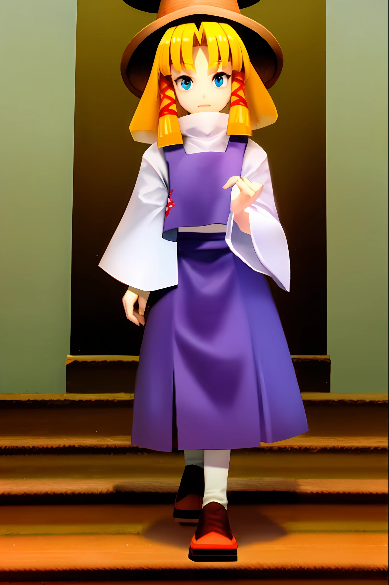 1girl, hat,blonde hair, white shirt,purple skirt moriya suwako n64style