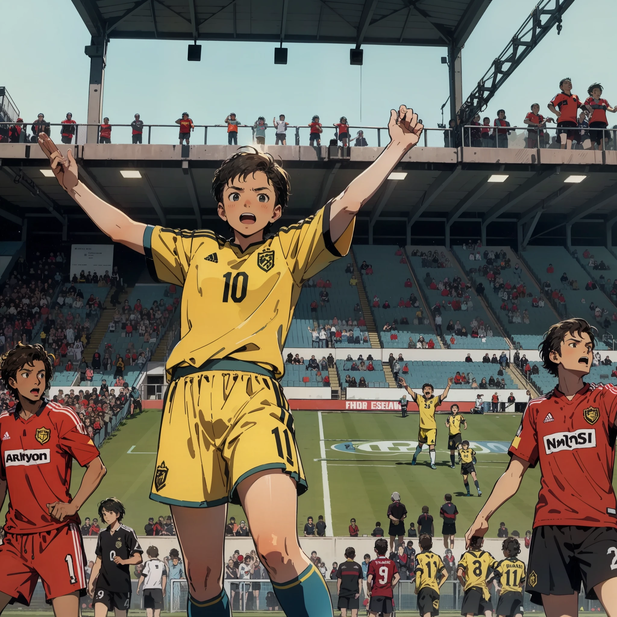 arafed soccer player with arms up in celebration after a goal, inspired by John Keane, inspired by Oswaldo Viteri, inspired by Leo Valledor, inspired by James Cowie, inspired by Master of the Bambino Vispo, inspired by Arnold Bronckhorst, inspired by Ramón Silva, inspired by Víctor Manuel García Valdés --auto
