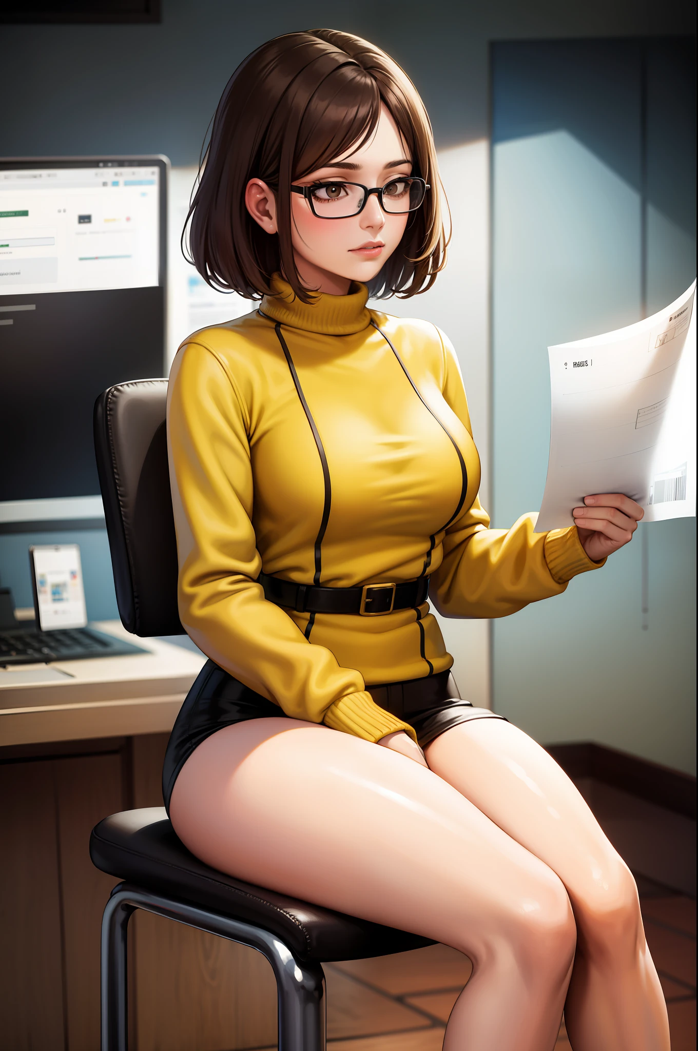 1980s \(style\),extreme detail, Masterpiece, Best Quality,1girl, sitting, april o'neil, office, tables, stack of papers, sitting on chair, (yellow jumper suit), dutch angle,black eyes, leather belt, focused, glasses,short brown hair, looking at papers, medium breasts,looking away