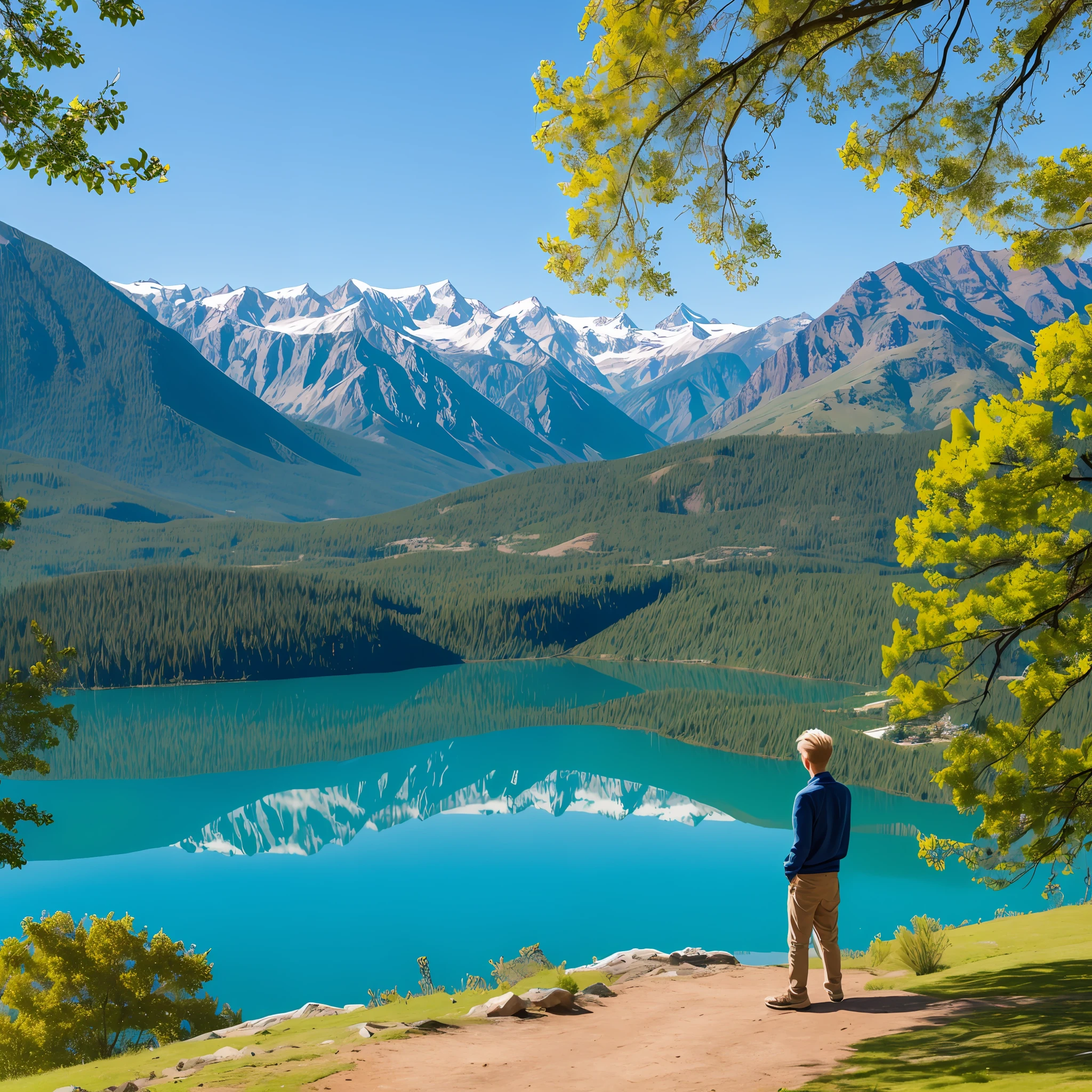 Blonde boy looking passionately at a lake that reflects the snowy mountains, with blue sky, the lake surrounded by green trees in 4k --auto