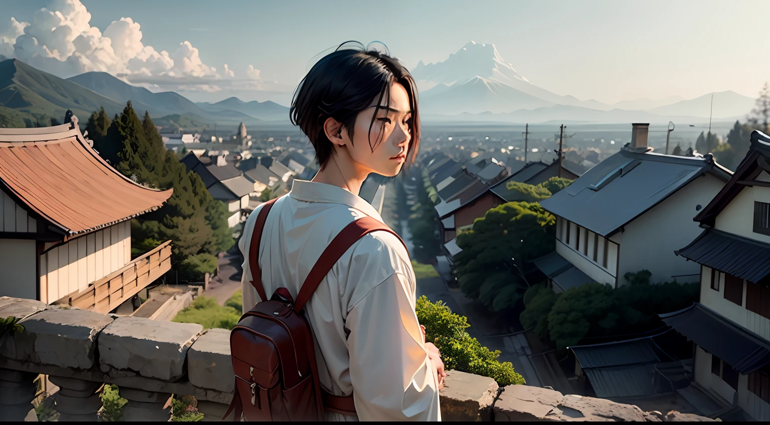 young Japanese man named kai looking beyond the borders of his village into the distance dissatisfied --auto